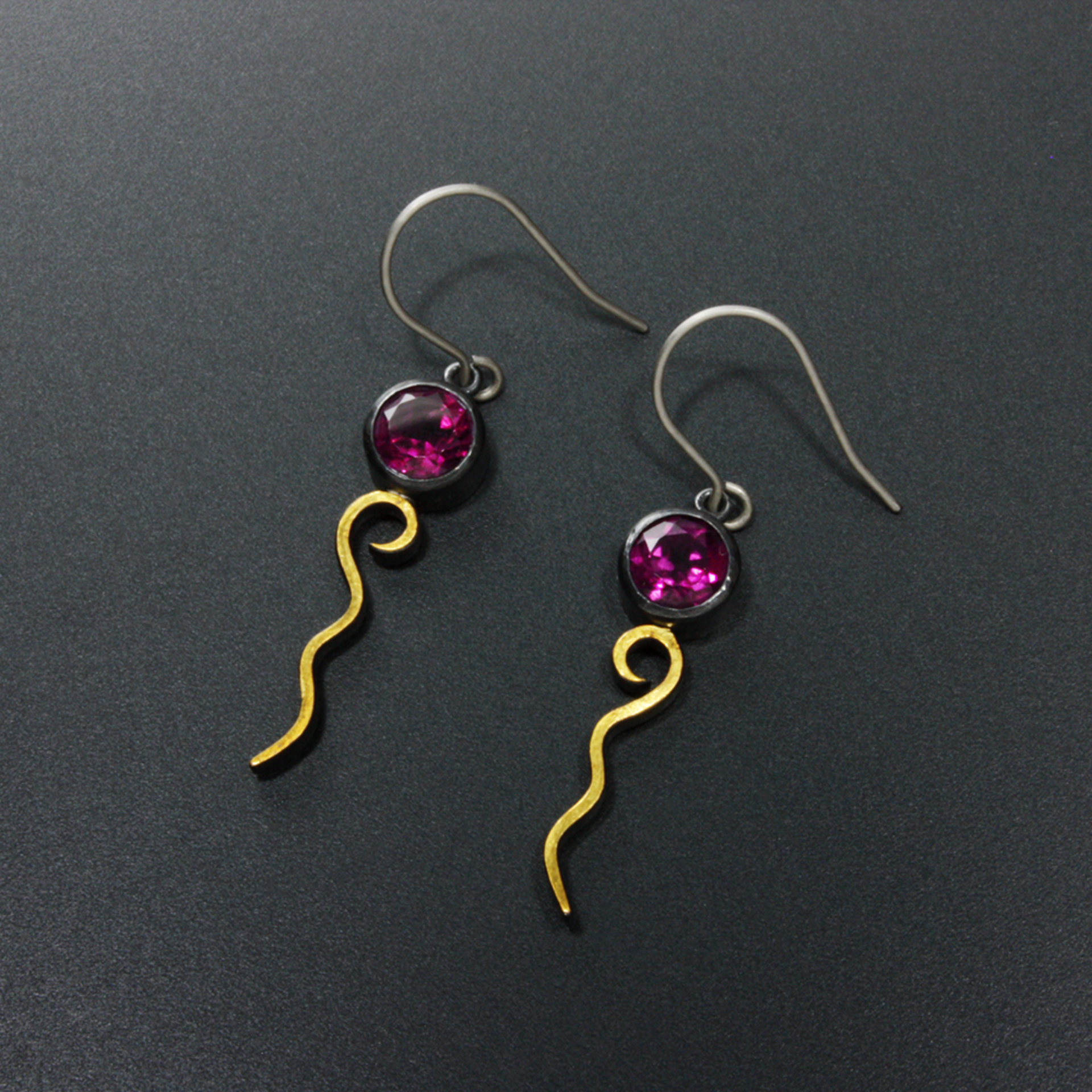 Rhodolite garnet earrings, silver earrings, oxidized silver earrings, Keum Boo e