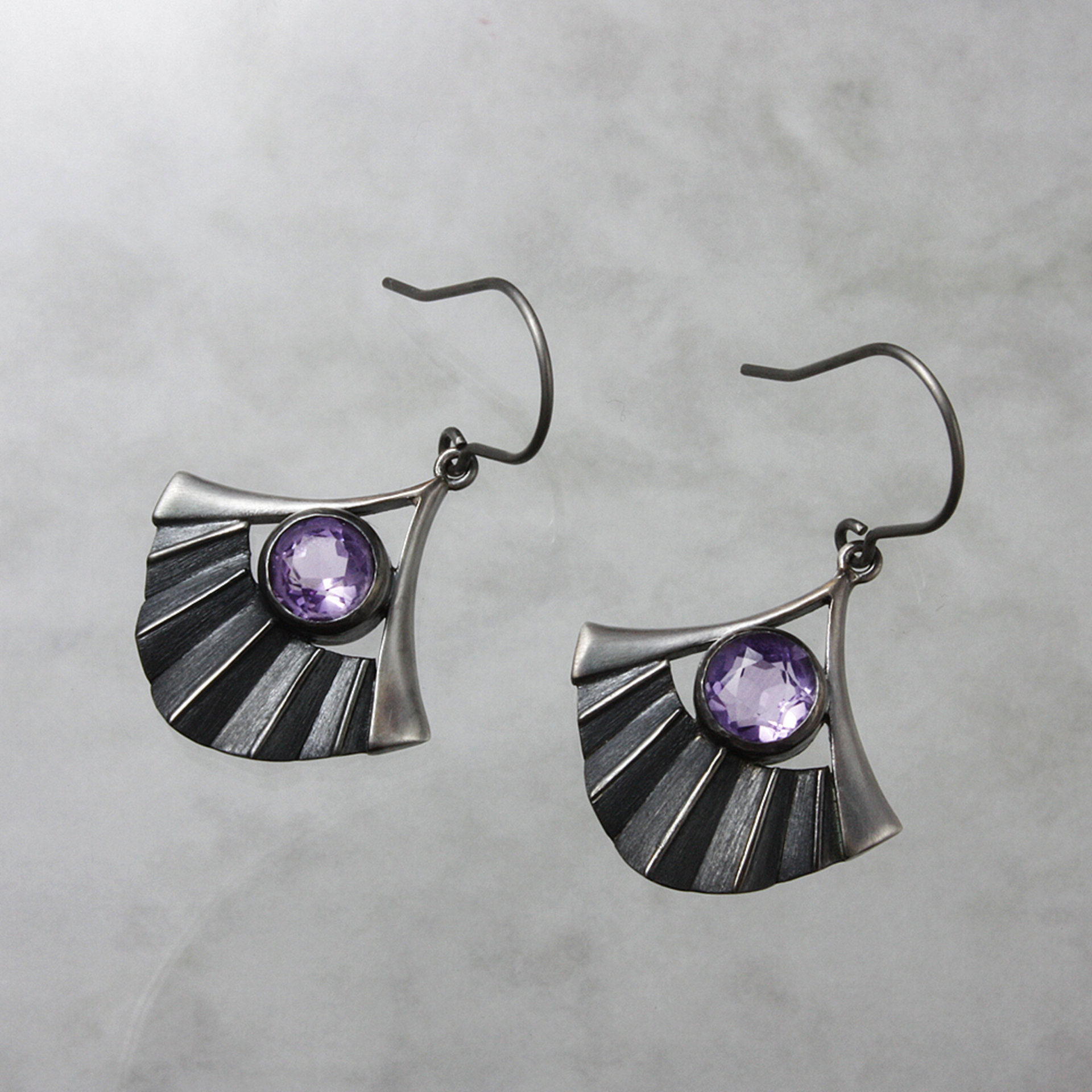 Amethyst earrings, oxidized silver earrings, Japanese fan earrings