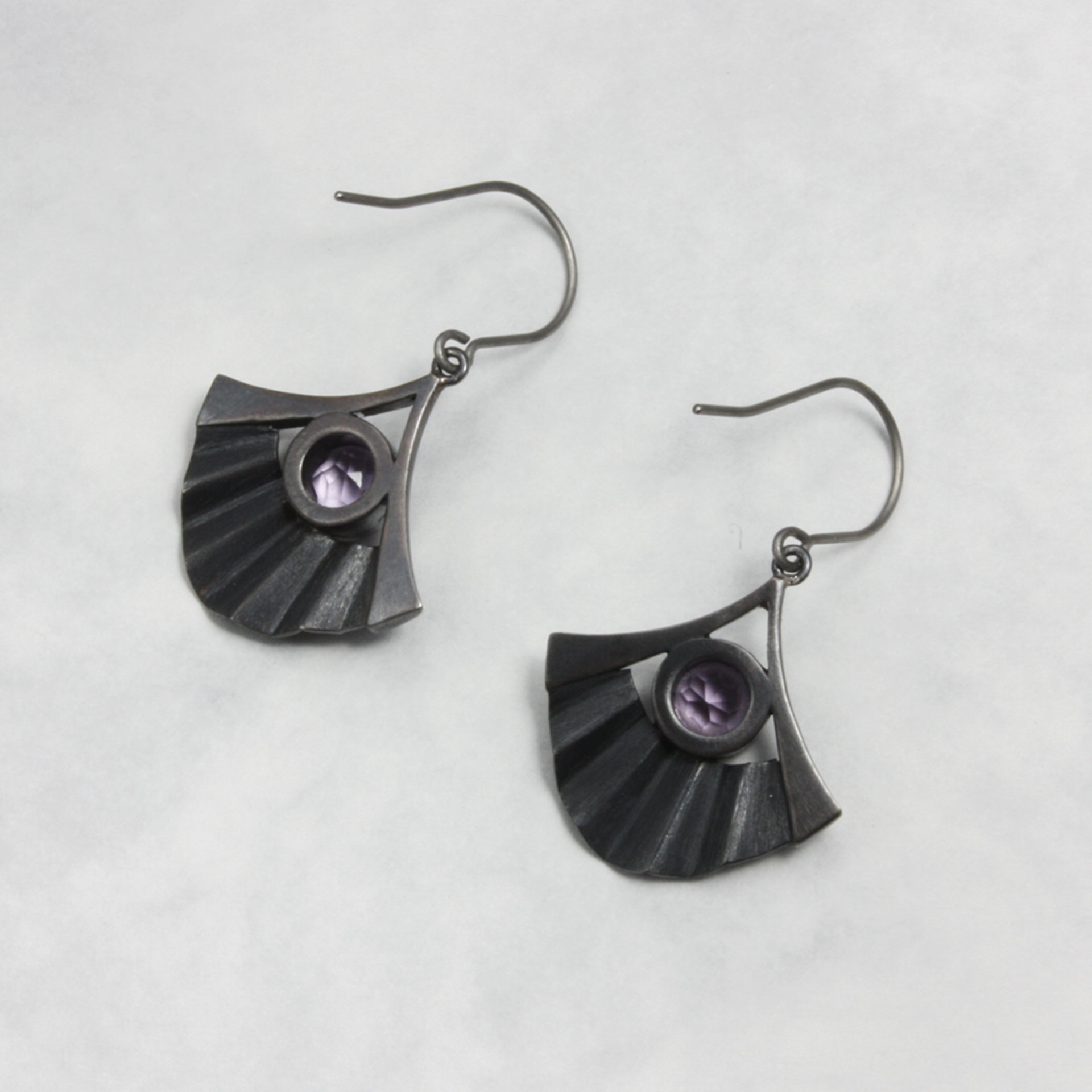 Amethyst earrings, oxidized silver earrings, Japanese fan earrings
