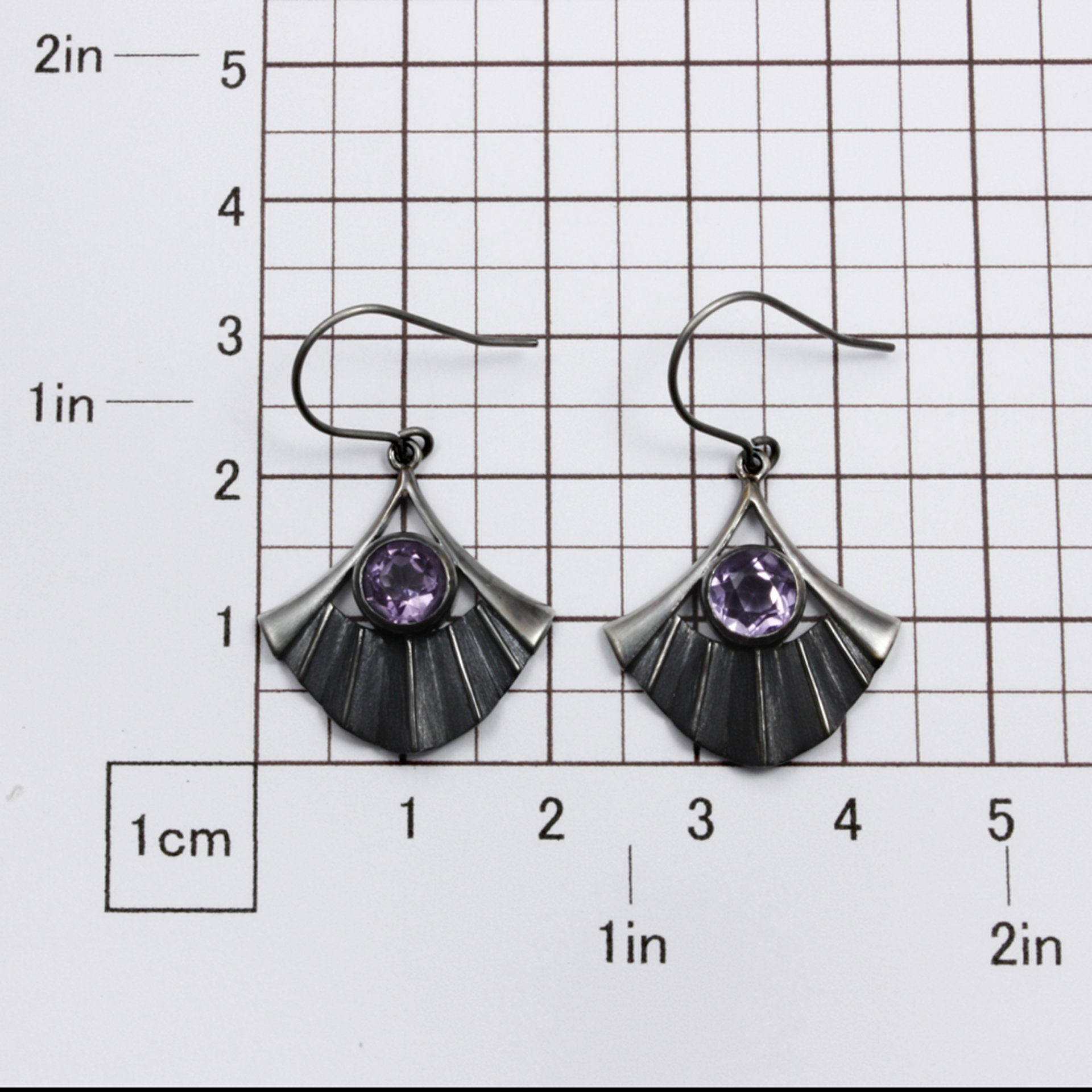 Amethyst earrings, oxidized silver earrings, Japanese fan earrings