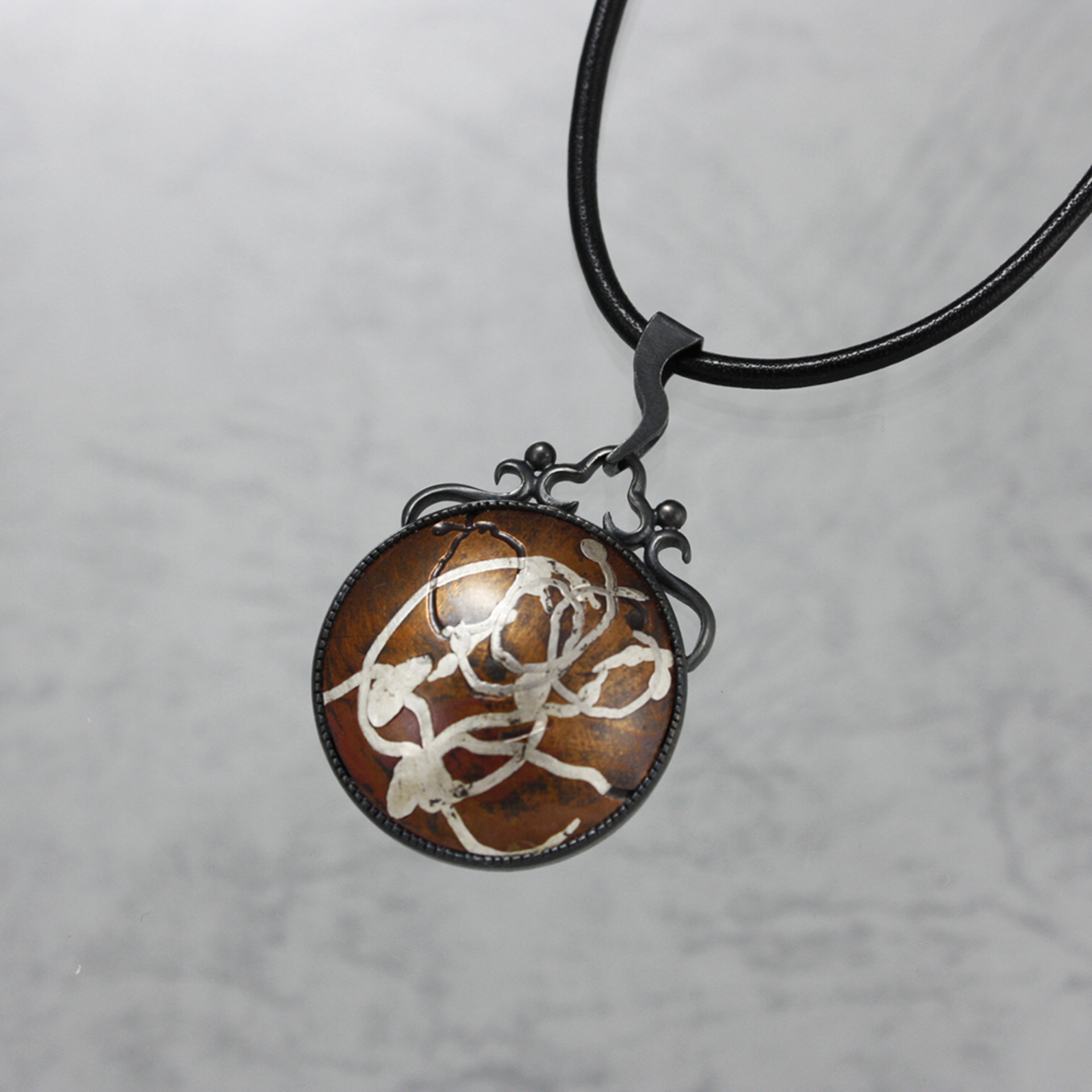 Keum Boo copper pendant, oxidized silver pendant, abstract line art pendant
