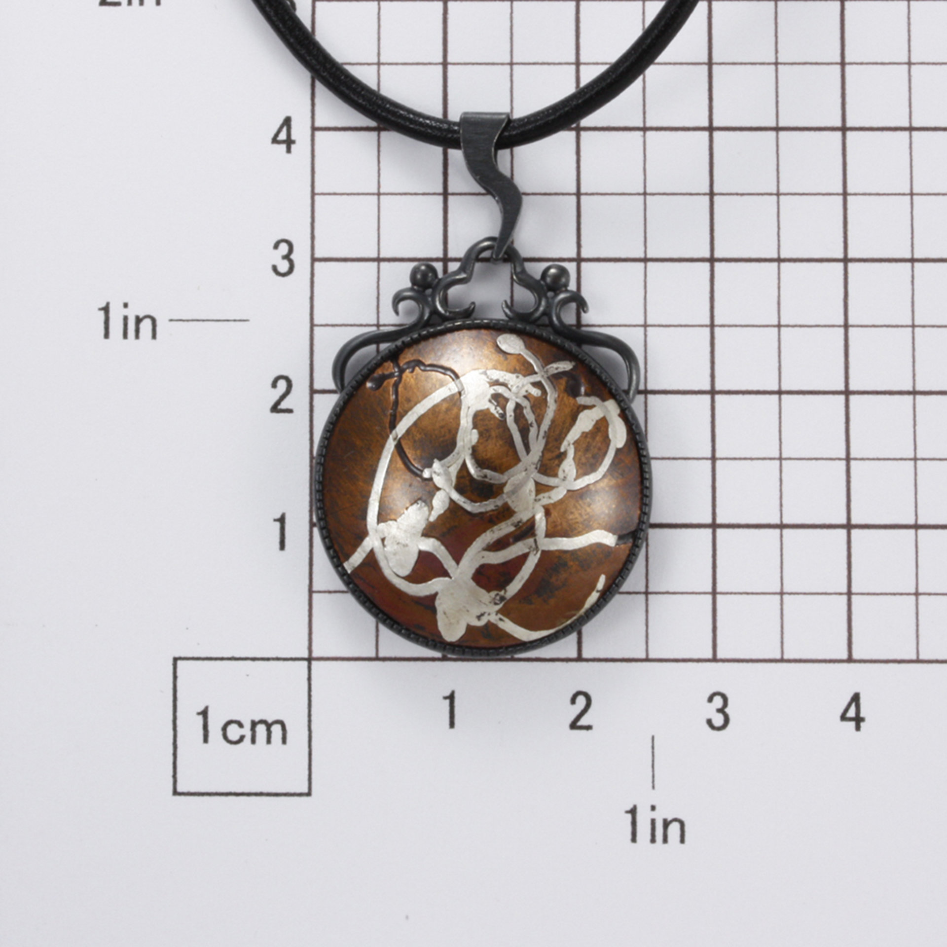 Keum Boo copper pendant, oxidized silver pendant, abstract line art pendant
