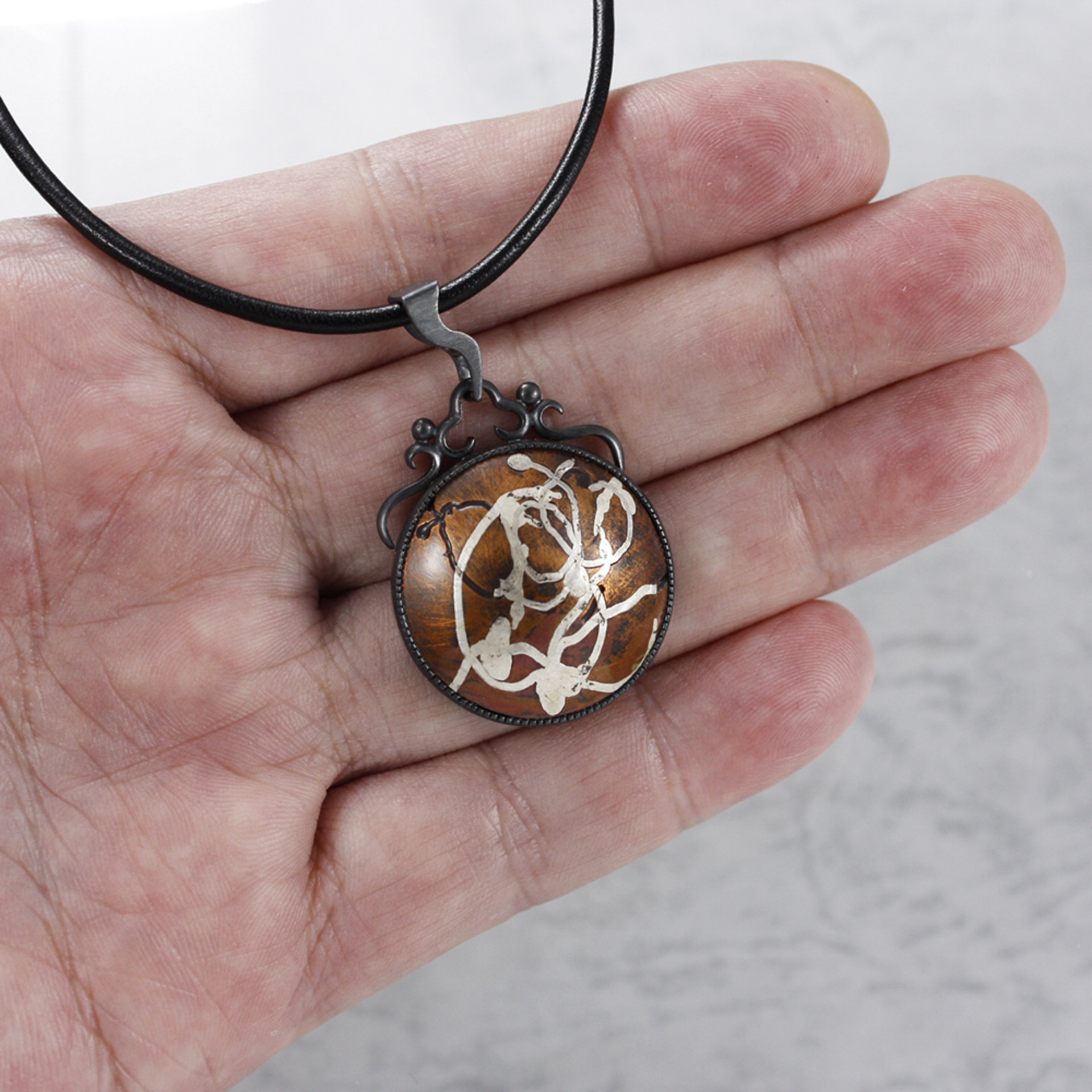 Keum Boo copper pendant, oxidized silver pendant, abstract line art pendant