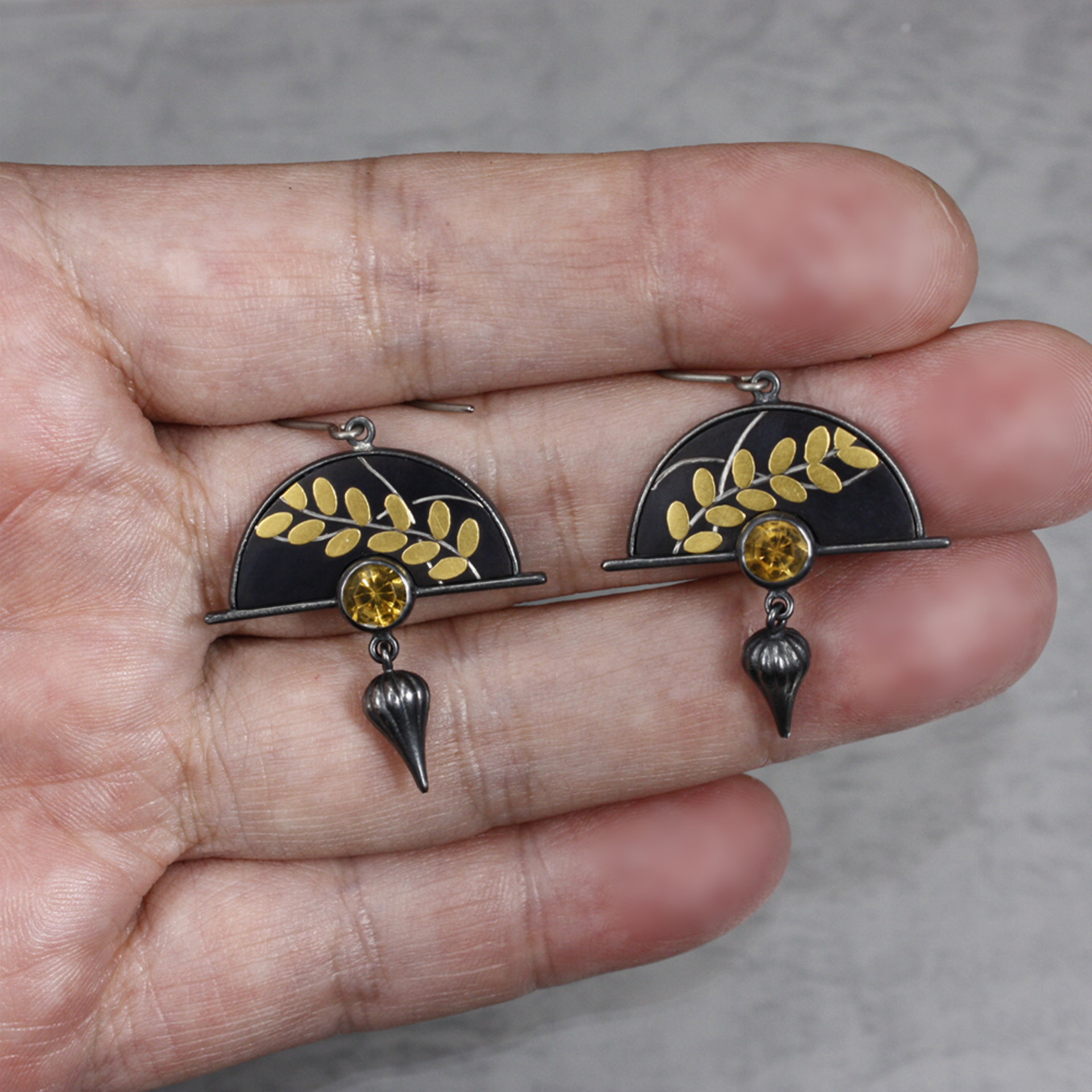 Shakudo earrings, Keum Boo earrings, oxidized silver earrings, Japanese art earr