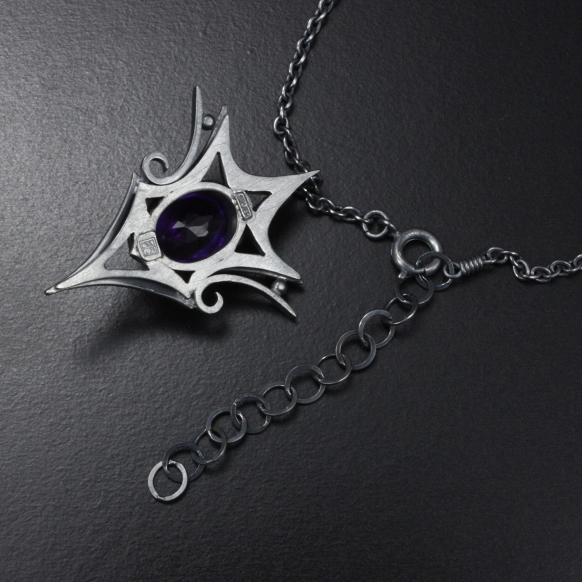 Goth oxidized silver pendant necklace, amethyst pendant necklace