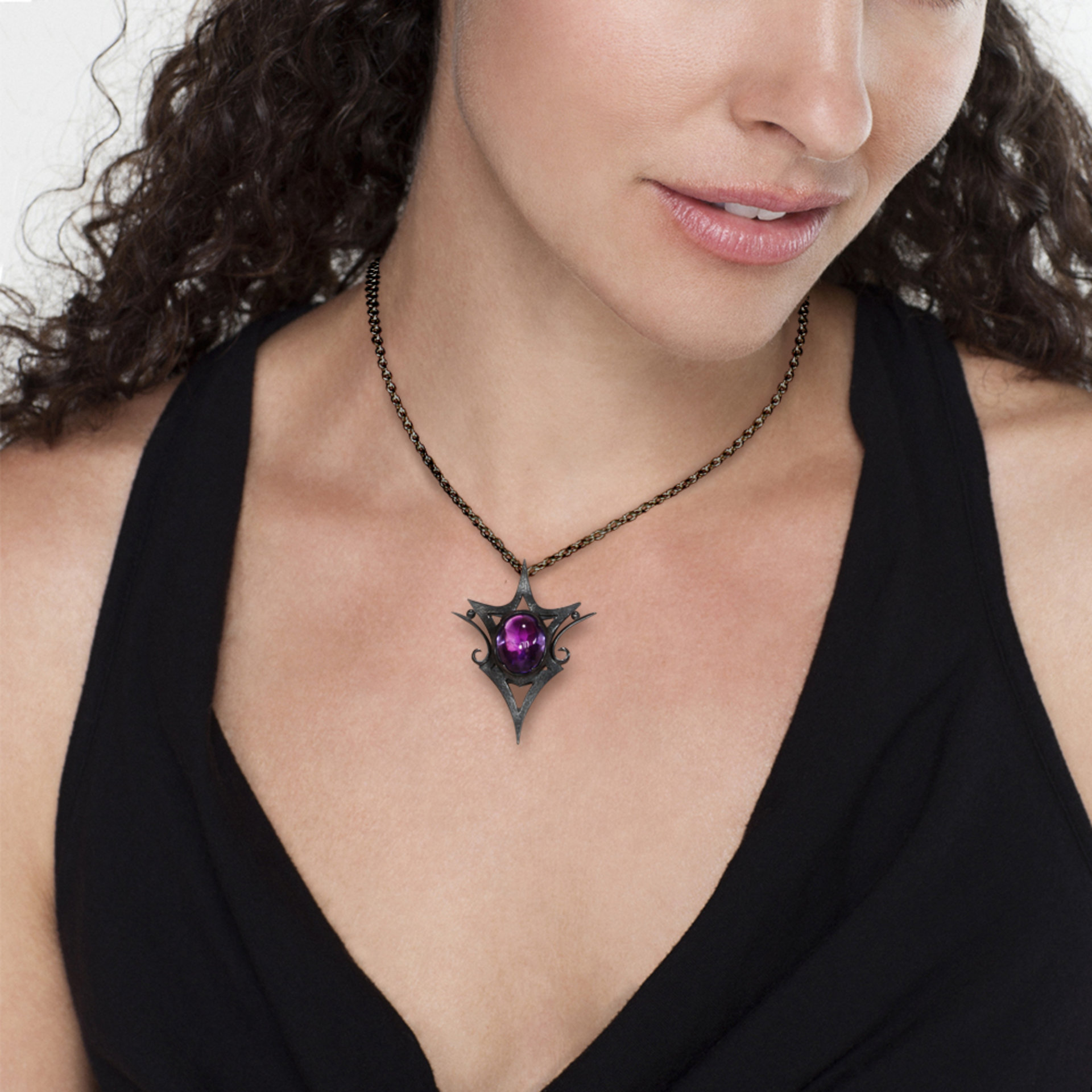 Goth oxidized silver pendant necklace, amethyst pendant necklace