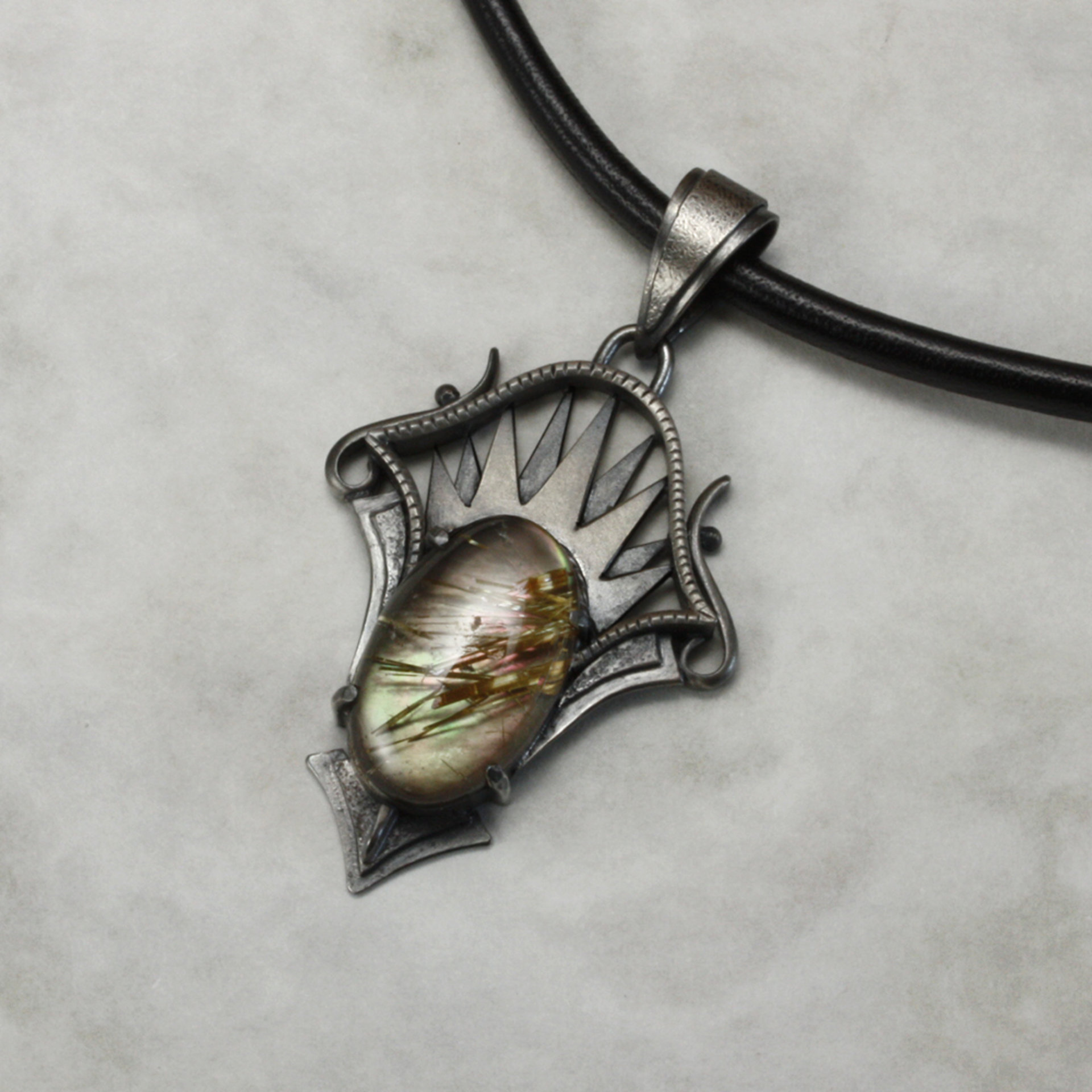 Golden rutilated quartz with iridescent colors Art Deco silver pendant necklace