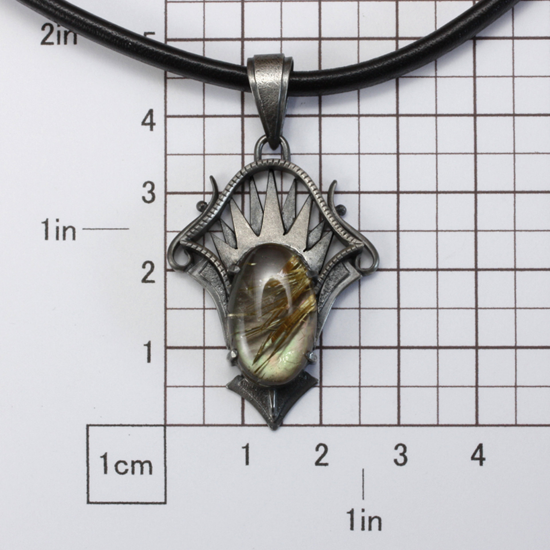 Golden rutilated quartz with iridescent colors Art Deco silver pendant necklace