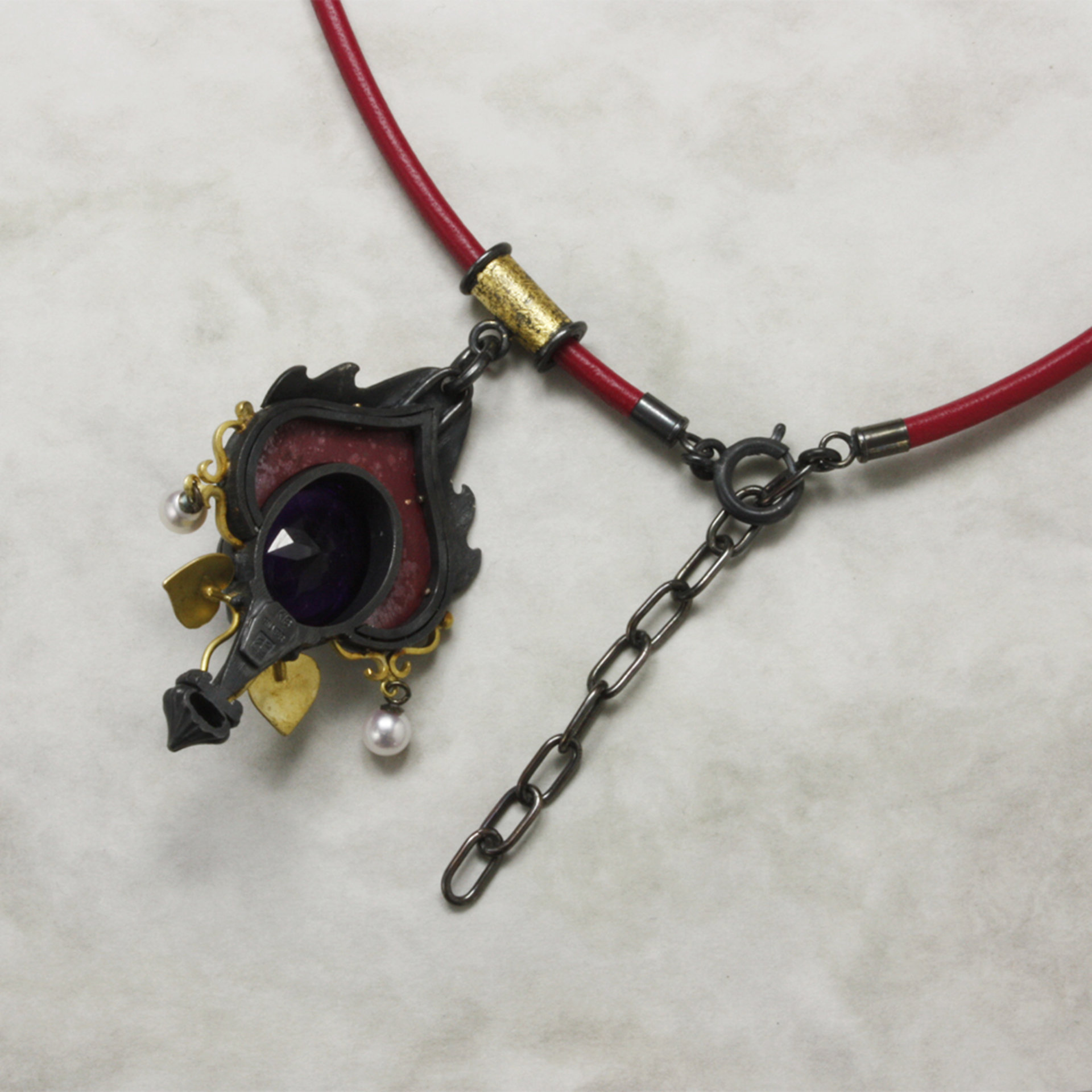 Antique style Japanese red copper, amethyst, akoyas, 18K gold and oxidized silve