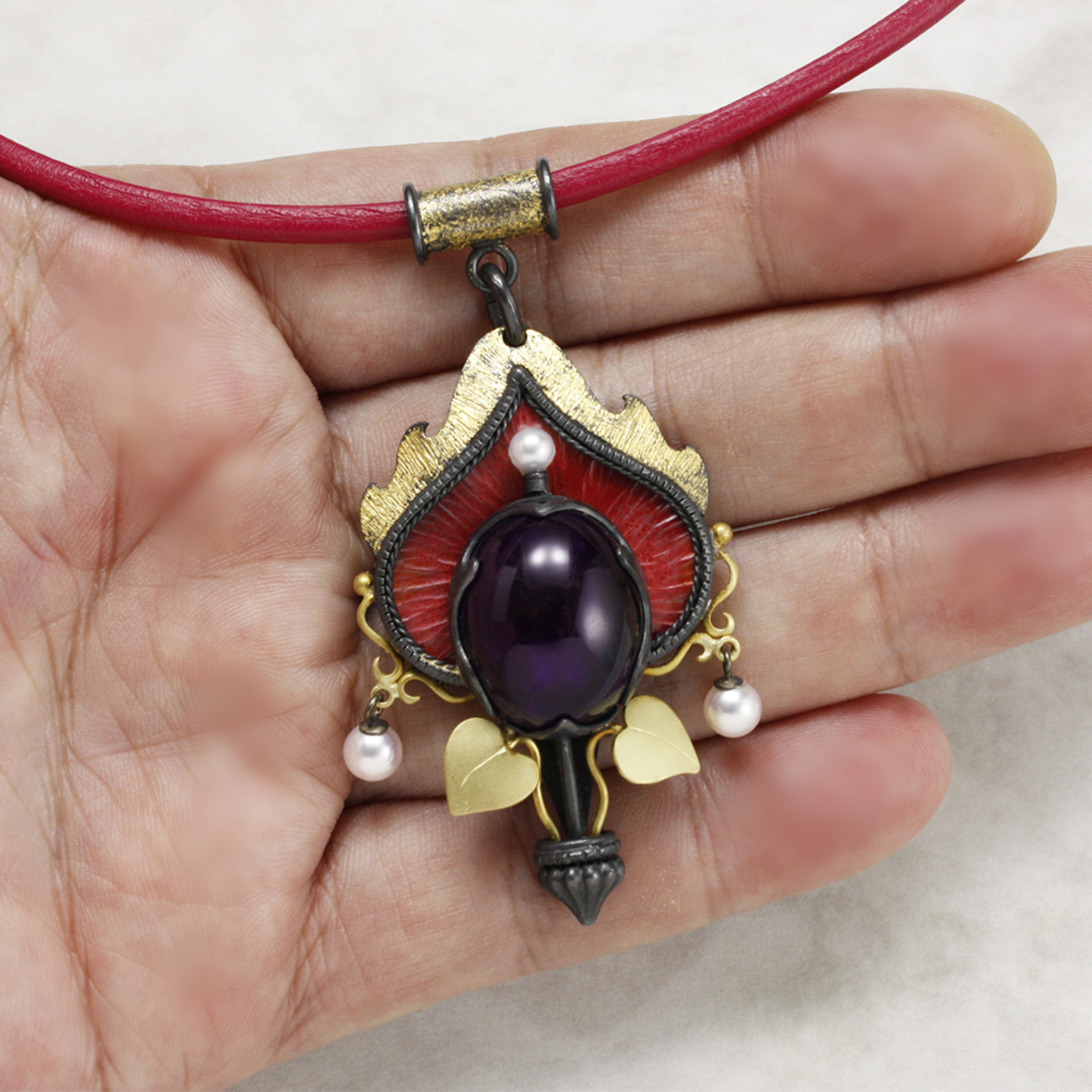 Antique style Japanese red copper, amethyst, akoyas, 18K gold and oxidized silve