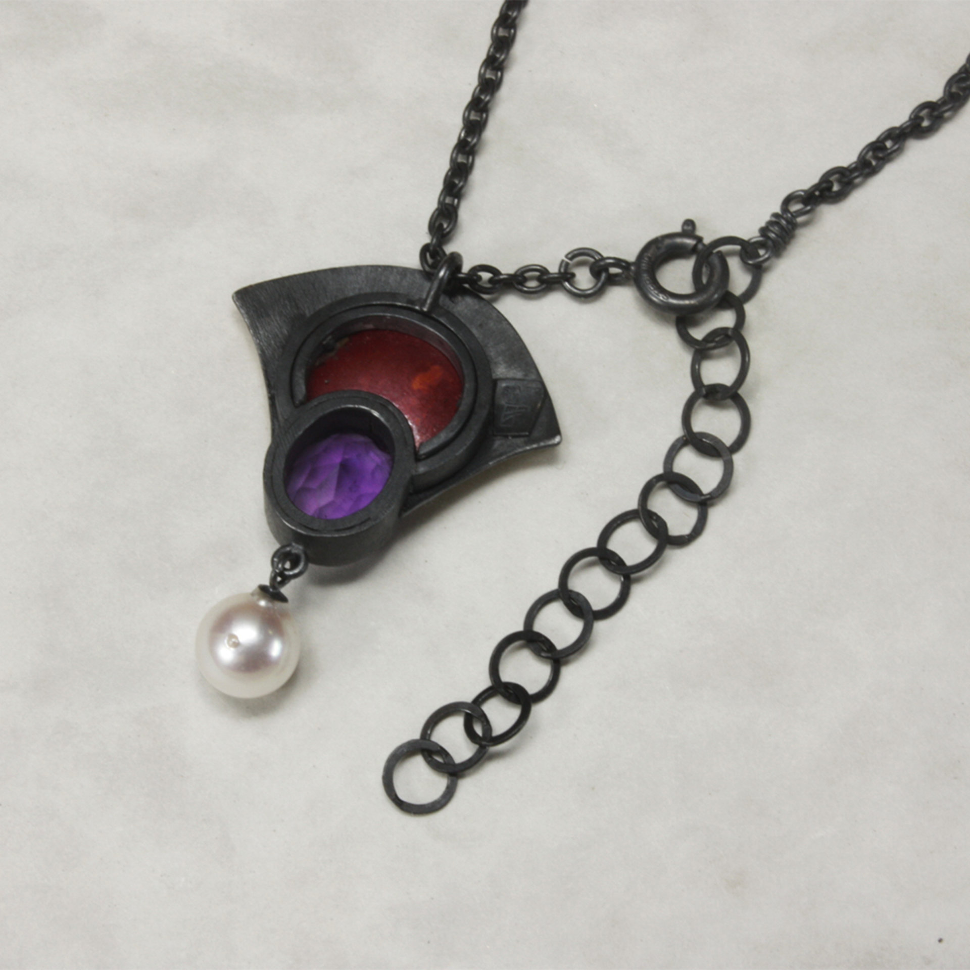 Keum Boo and Japanese Hido copper pendant necklace with amethyst and akoyas