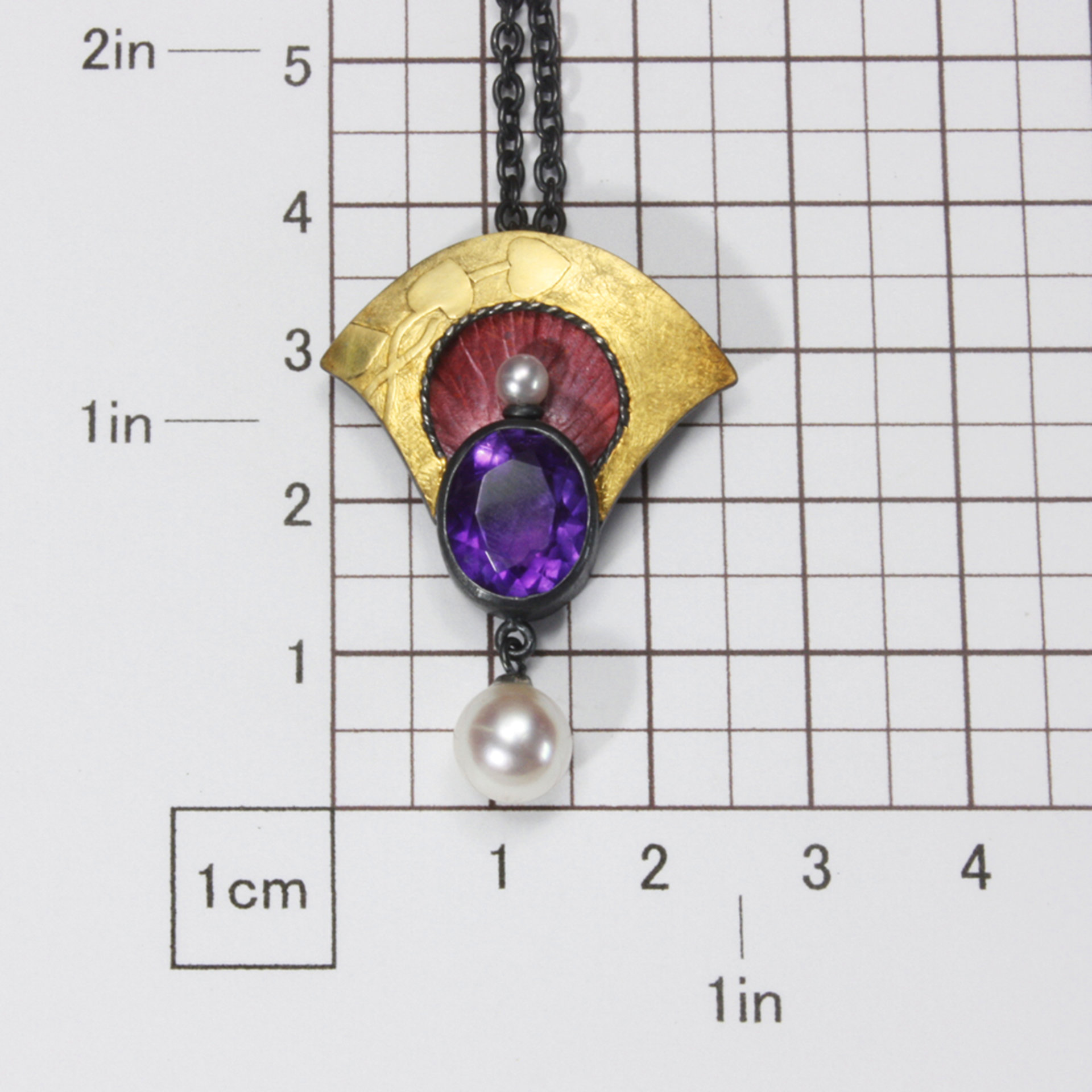 Keum Boo and Japanese Hido copper pendant necklace with amethyst and akoyas