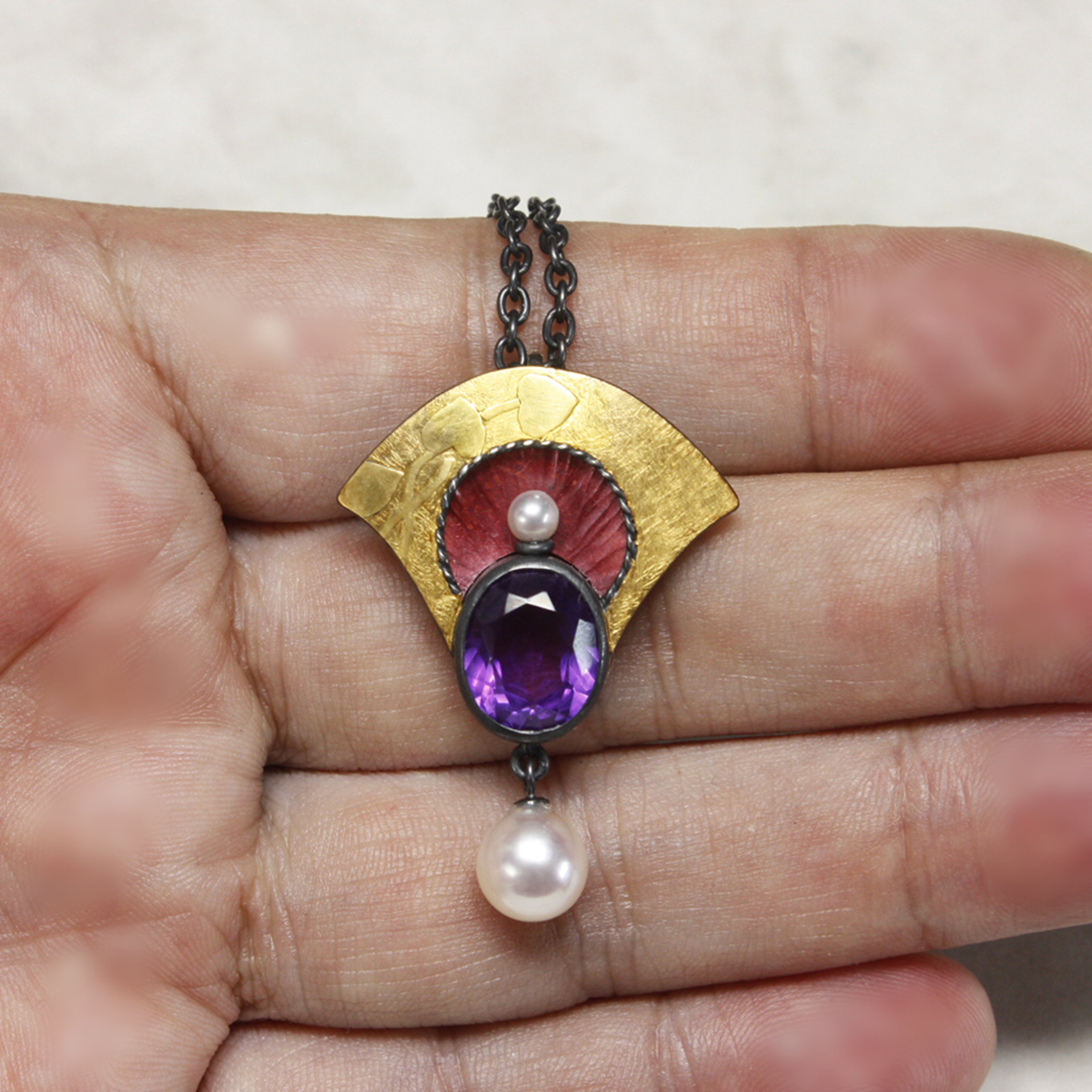 Keum Boo and Japanese Hido copper pendant necklace with amethyst and akoyas
