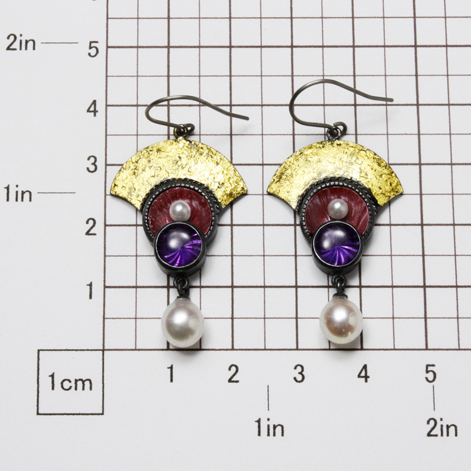Japanese red copper Hido earrings with amethyst and akoya pearls