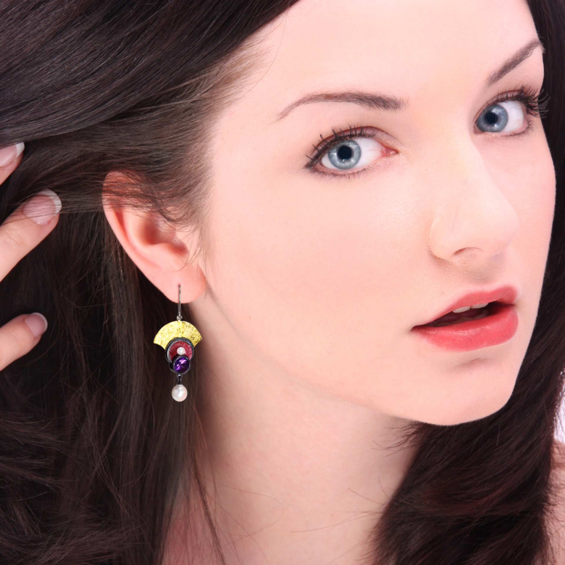 Japanese red copper Hido earrings with amethyst and akoya pearls