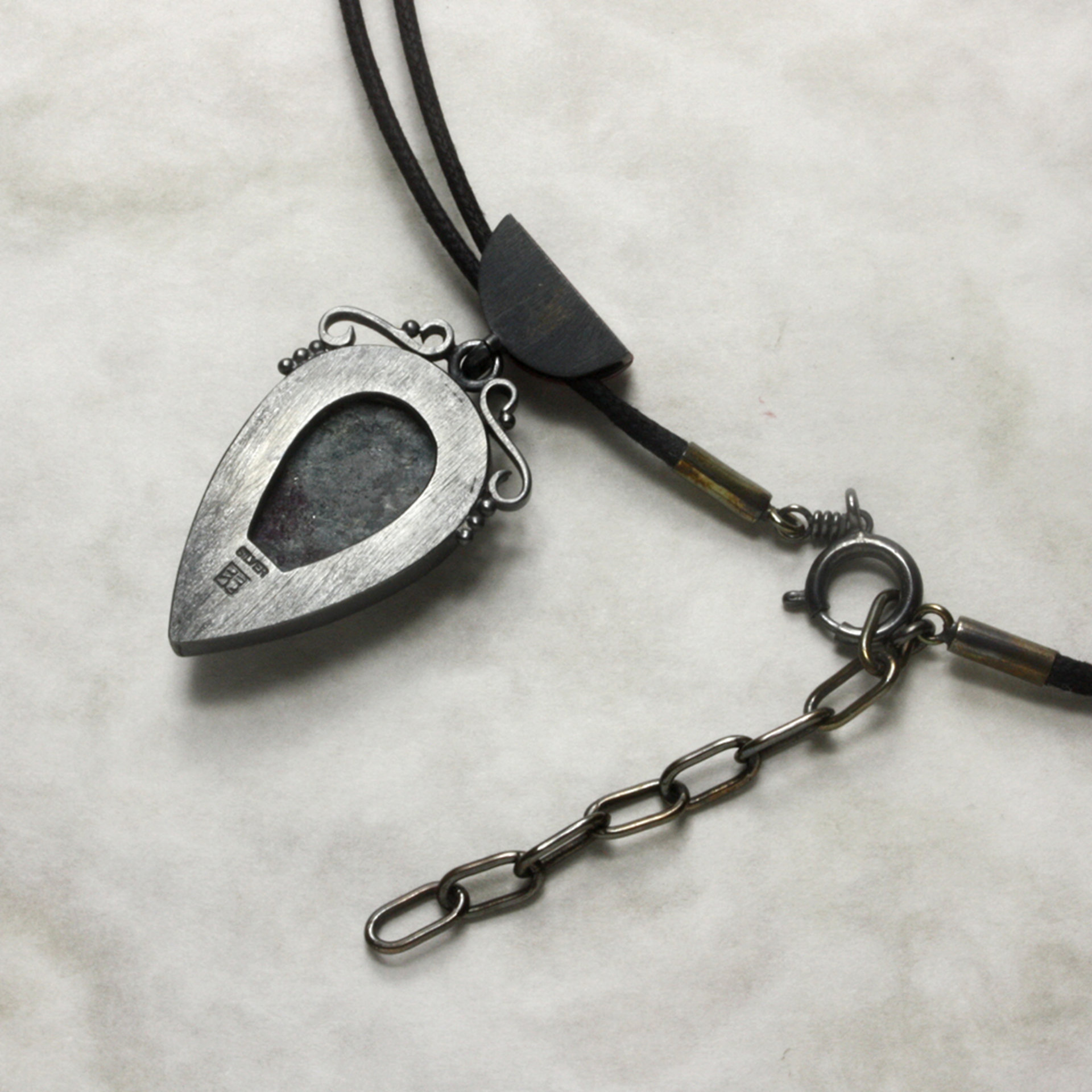 Ruby zoisite oxidized silver pendant necklace with Japanese red copper Hido.