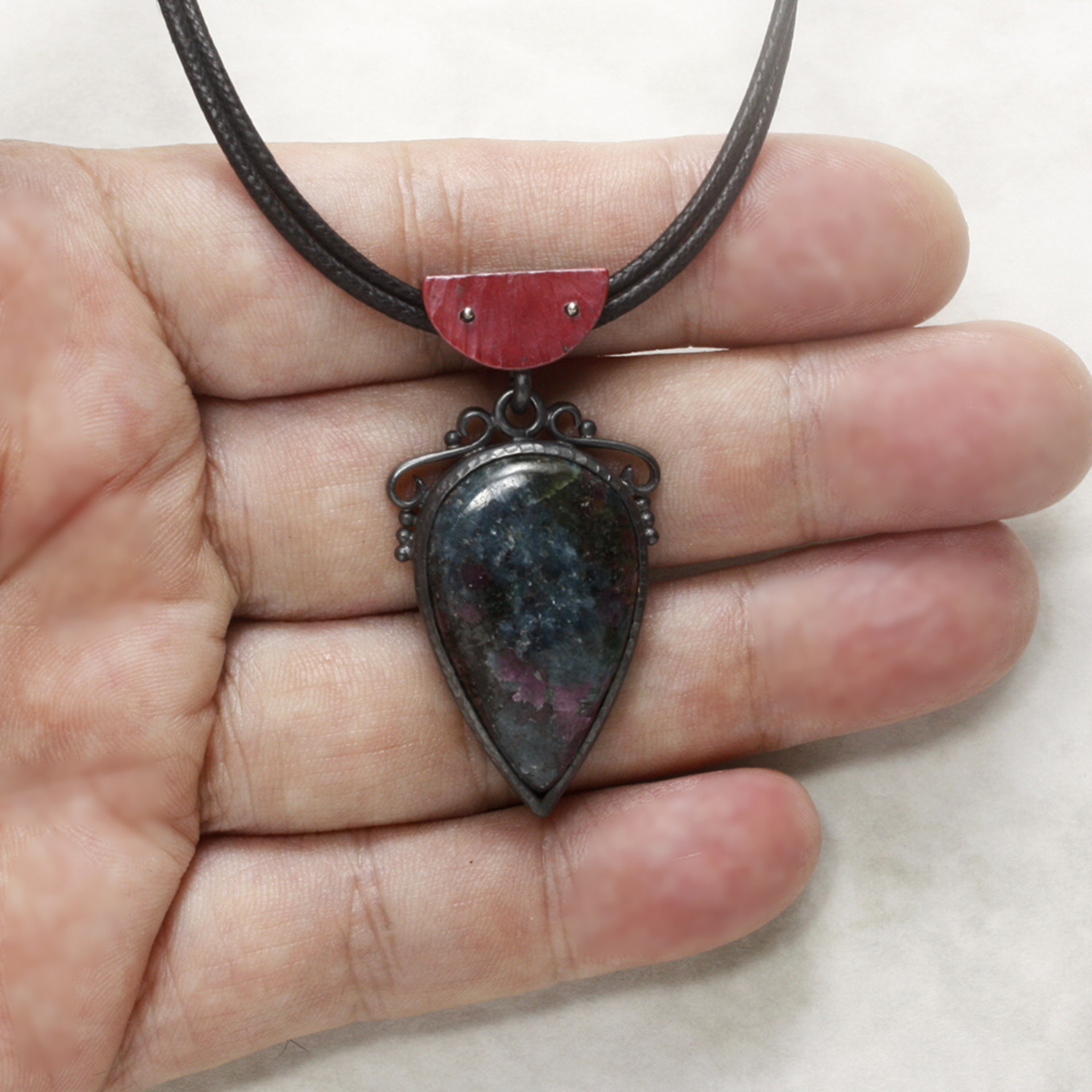 Ruby zoisite oxidized silver pendant necklace with Japanese red copper Hido.