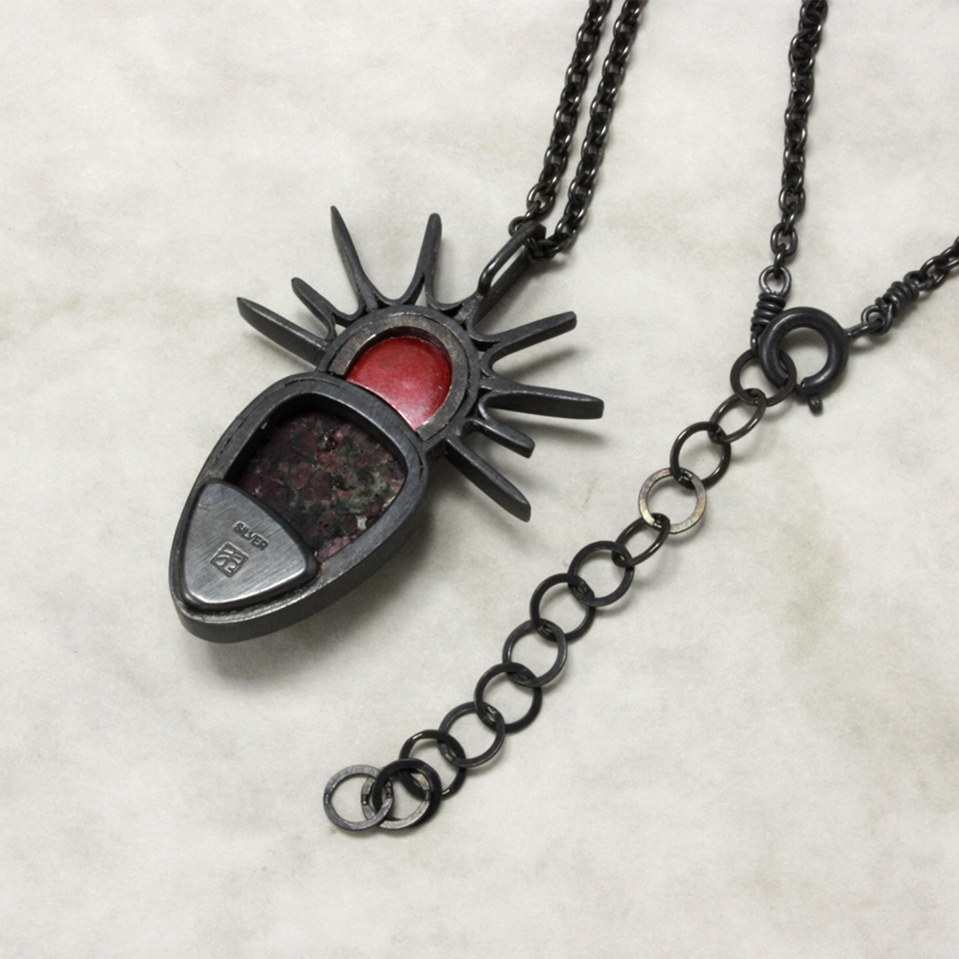Oxidized silver goth pendant necklace with Eudialyte and Japanese red patinaed c