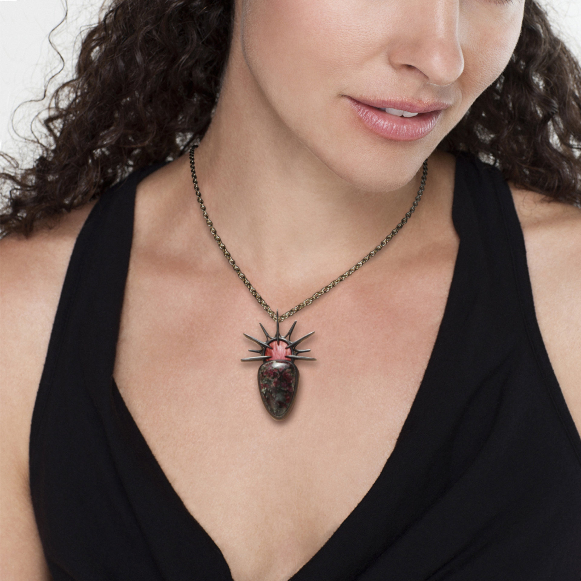 Oxidized silver goth pendant necklace with Eudialyte and Japanese red patinaed c