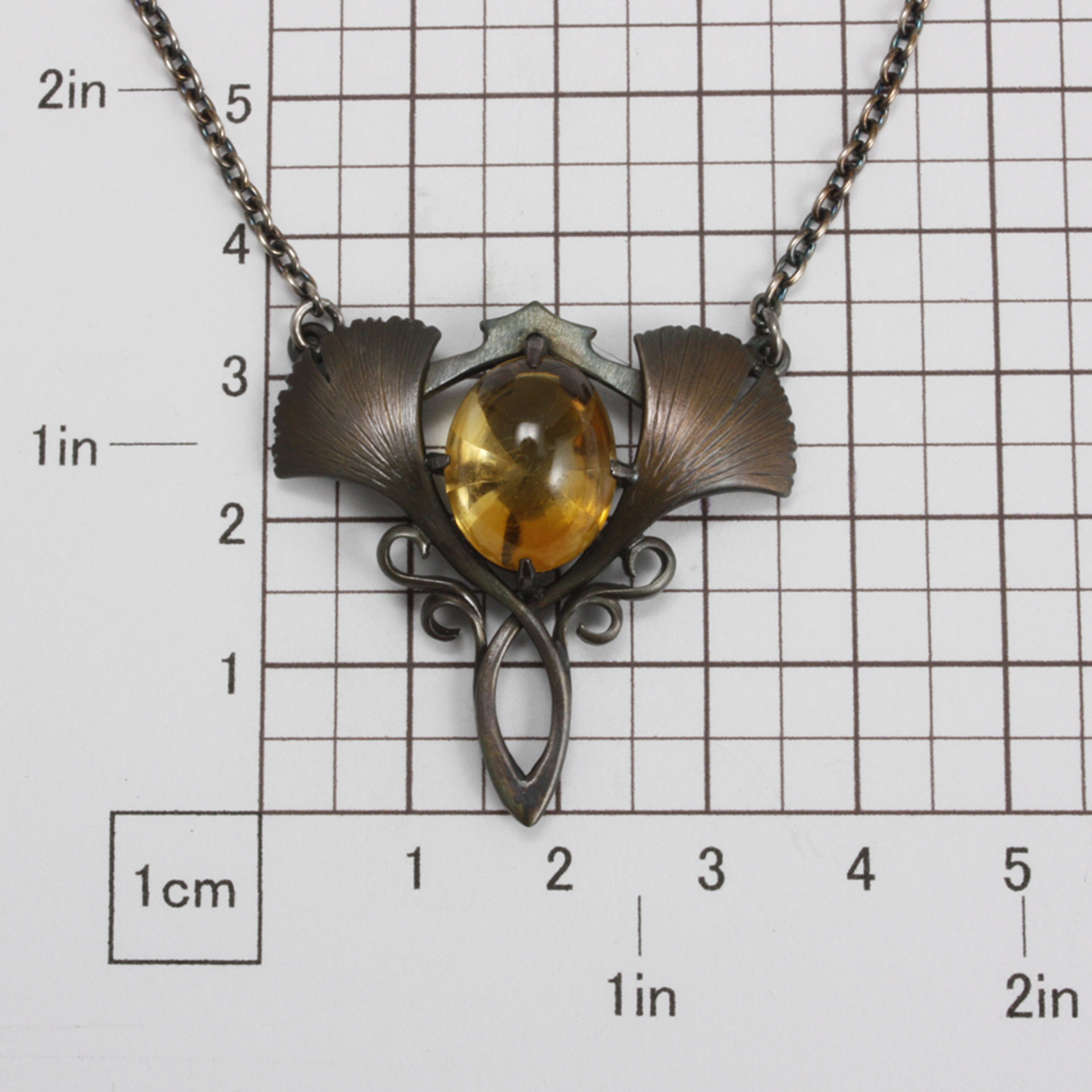 Two ginkgo leaf oxidized silver Art Nouveau necklace with a citrine