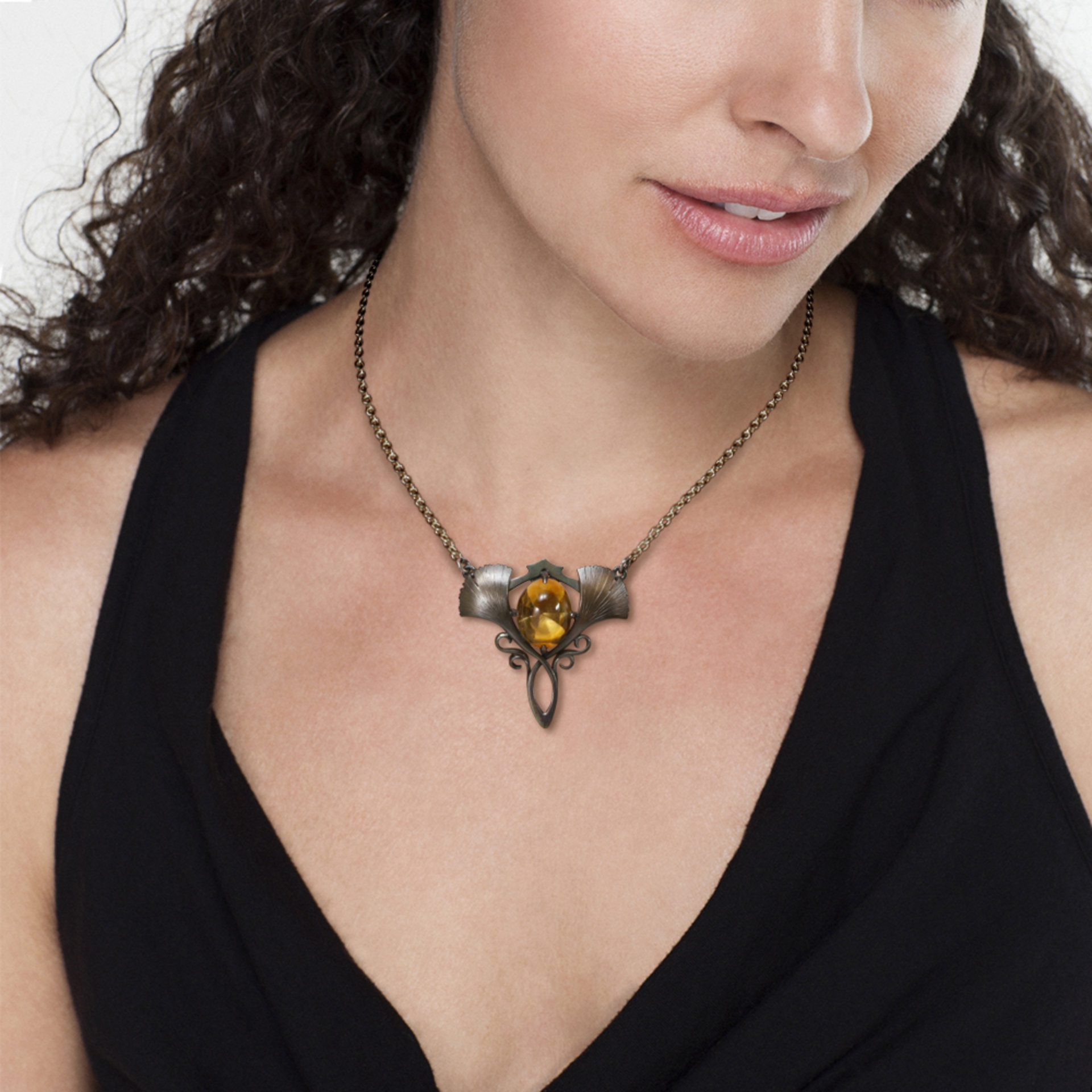 Two ginkgo leaf oxidized silver Art Nouveau necklace with a citrine