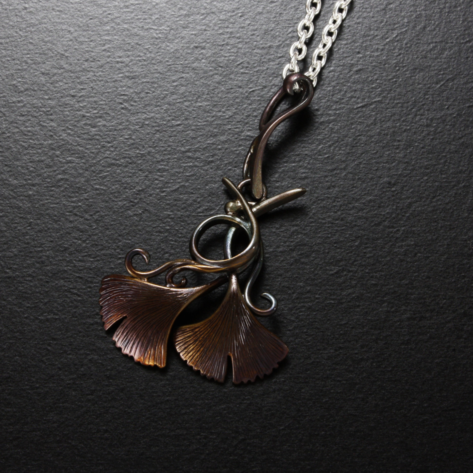 Art Nouveau oxidized silver ginkgo pendant necklace