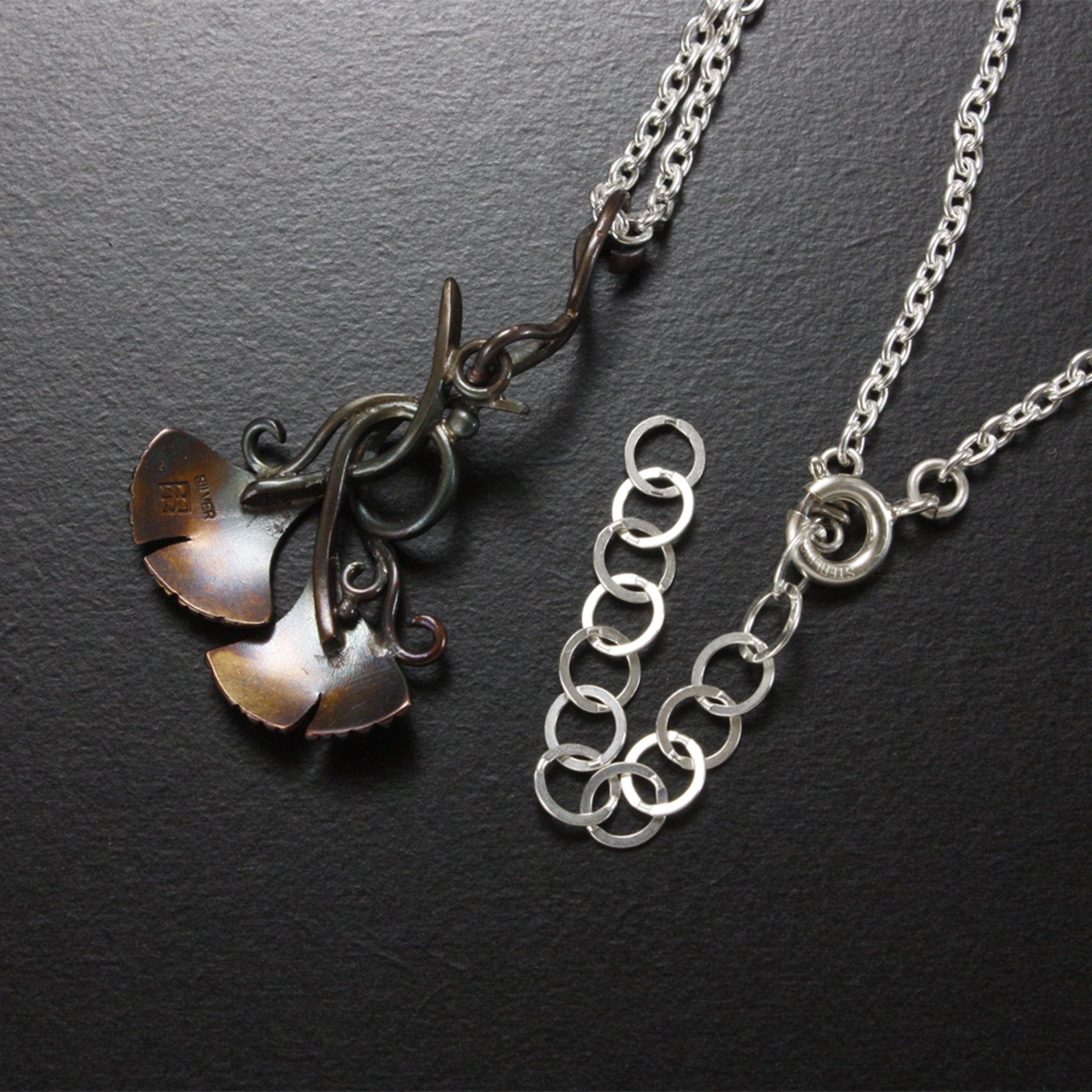 Art Nouveau oxidized silver ginkgo pendant necklace