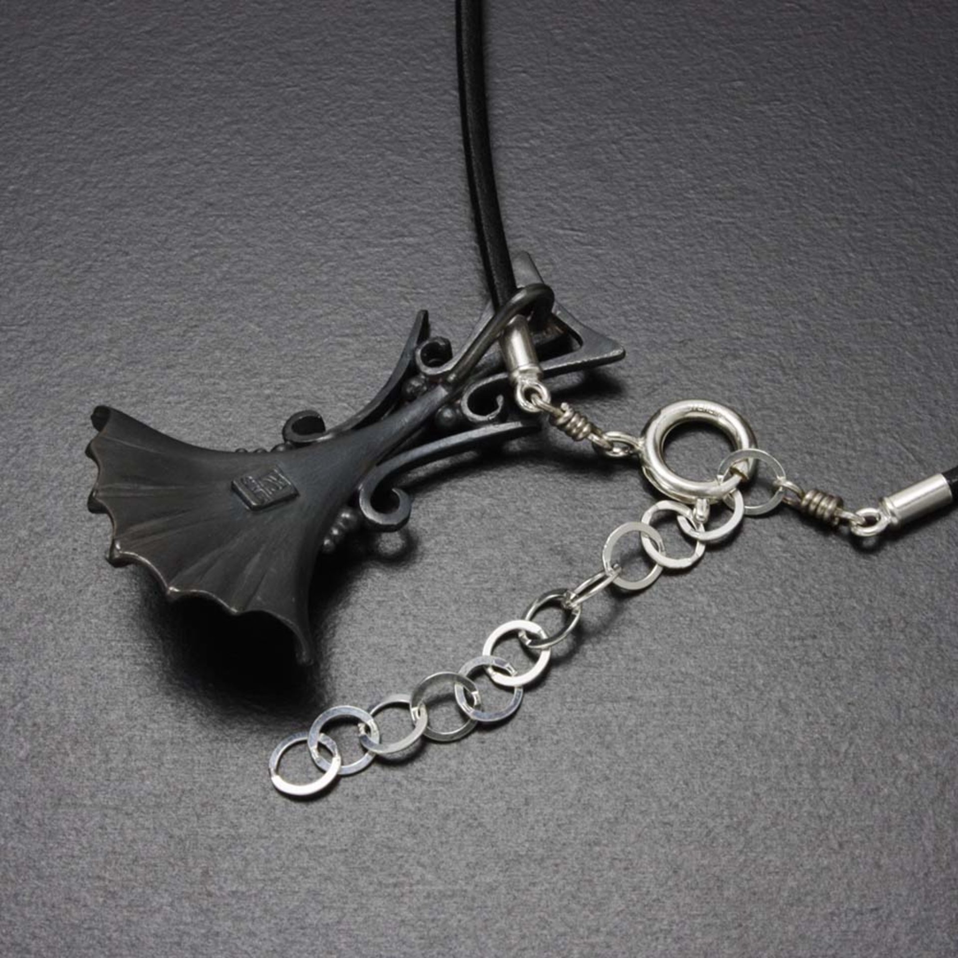 Ginkgo motif goth oxidized silver pendant