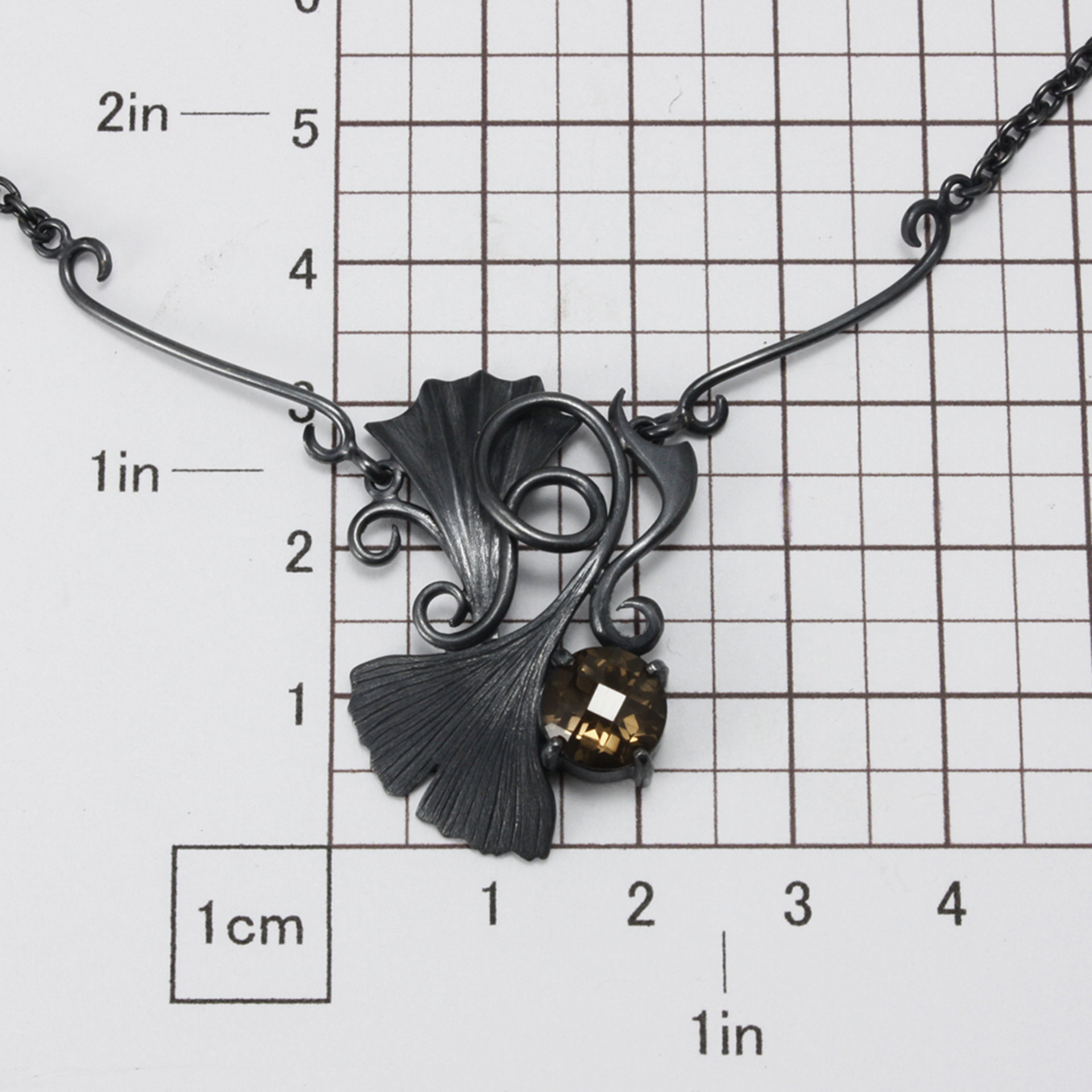 Gothic style Ginkgo necklace of oxidized silver and brown quartz
