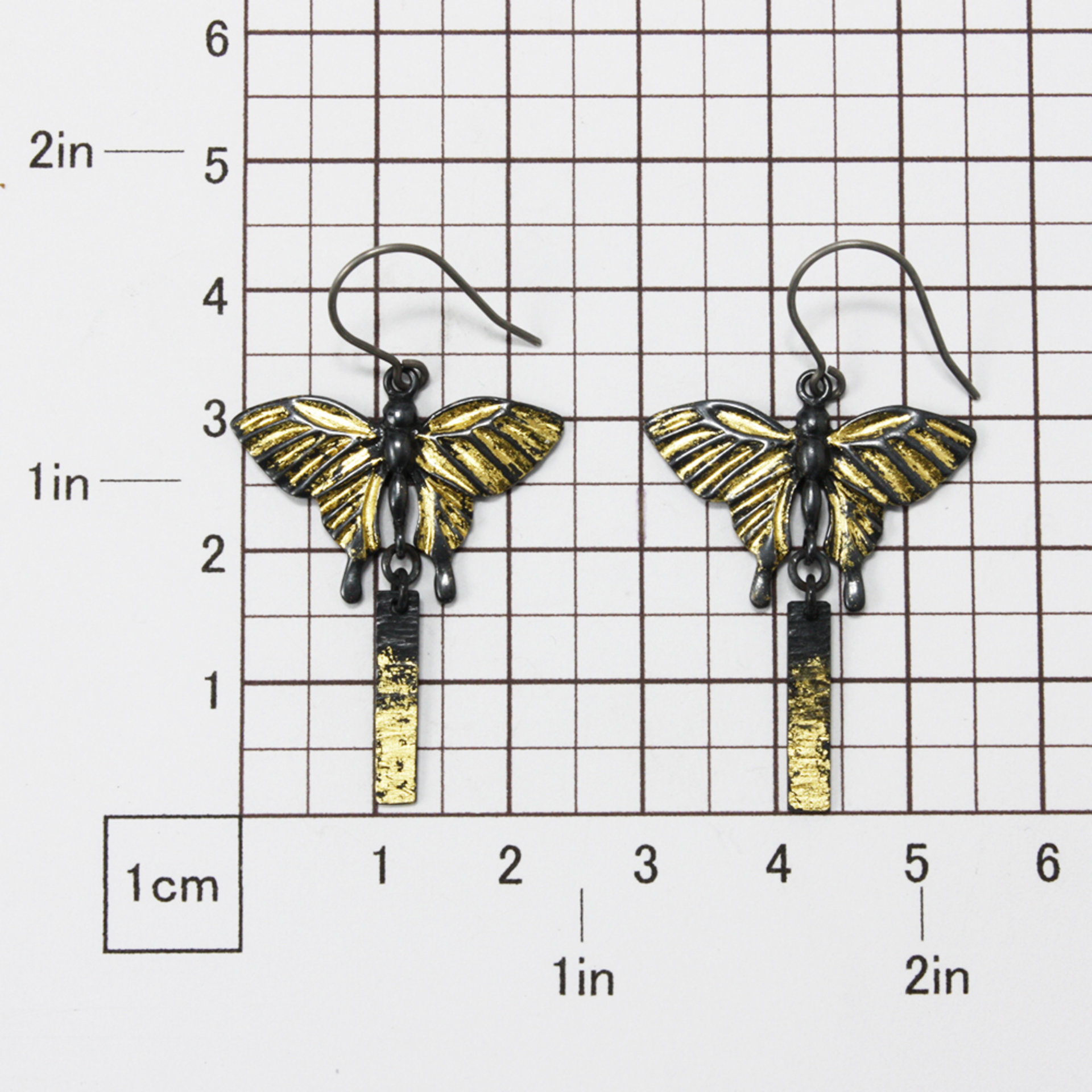 Oxidized silver butterfly earrings with fine gold leaf