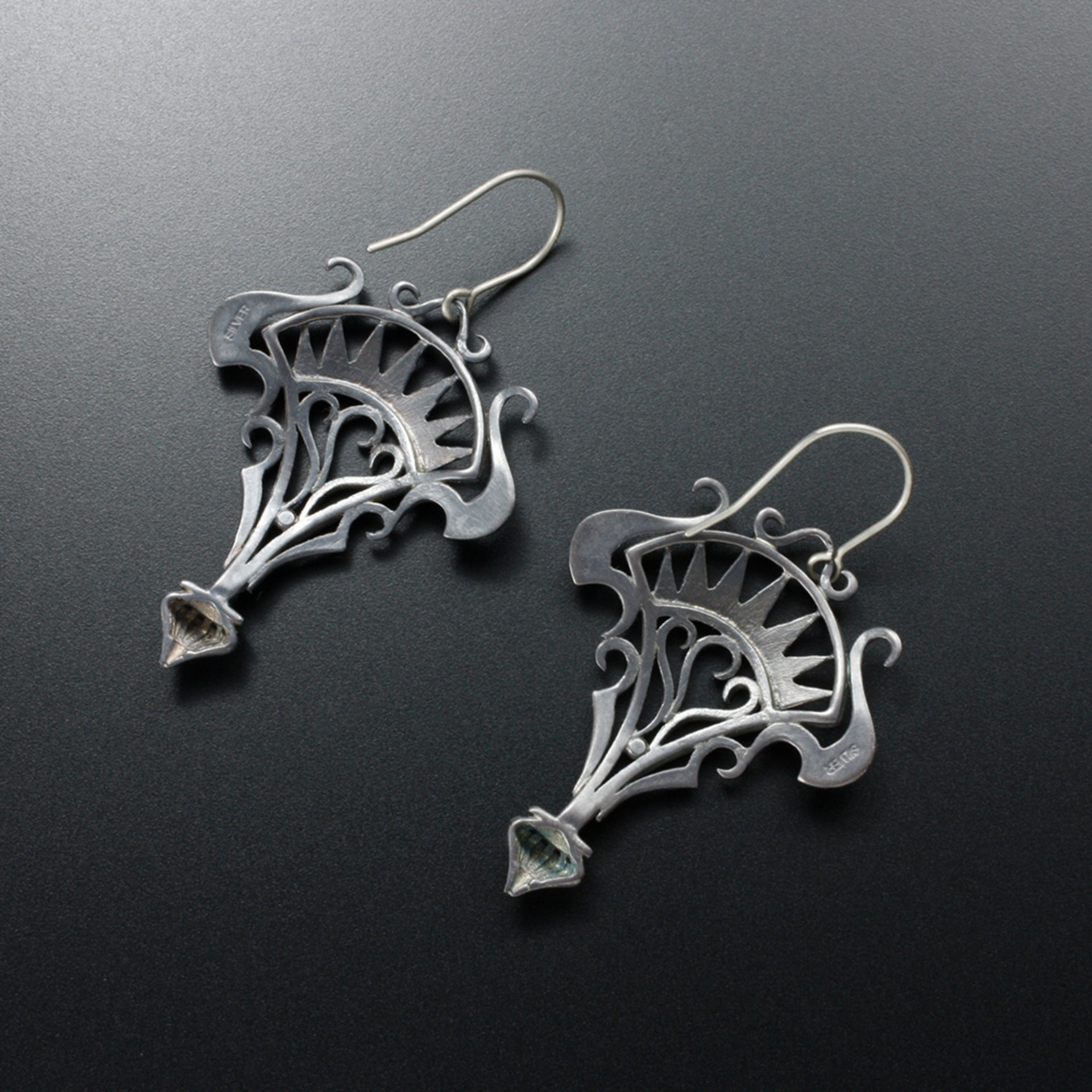 Oxidizes silver arch and scrolls earrings