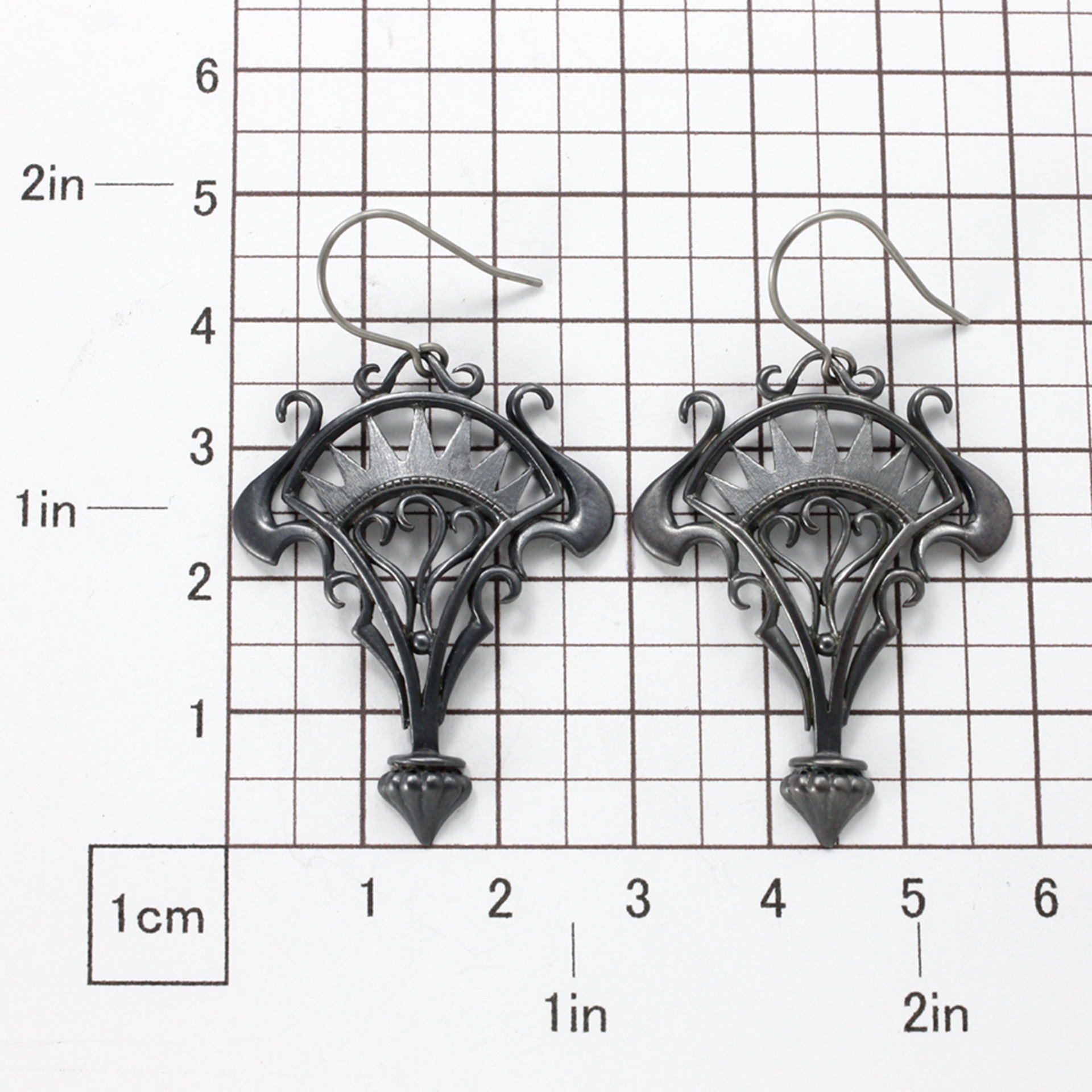 Oxidizes silver arch and scrolls earrings