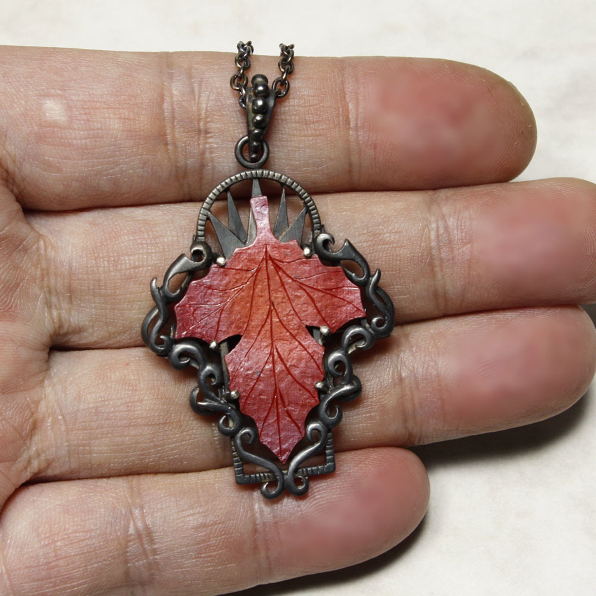 Red autumn leaf Goth taste oxidized silver pendant necklace.