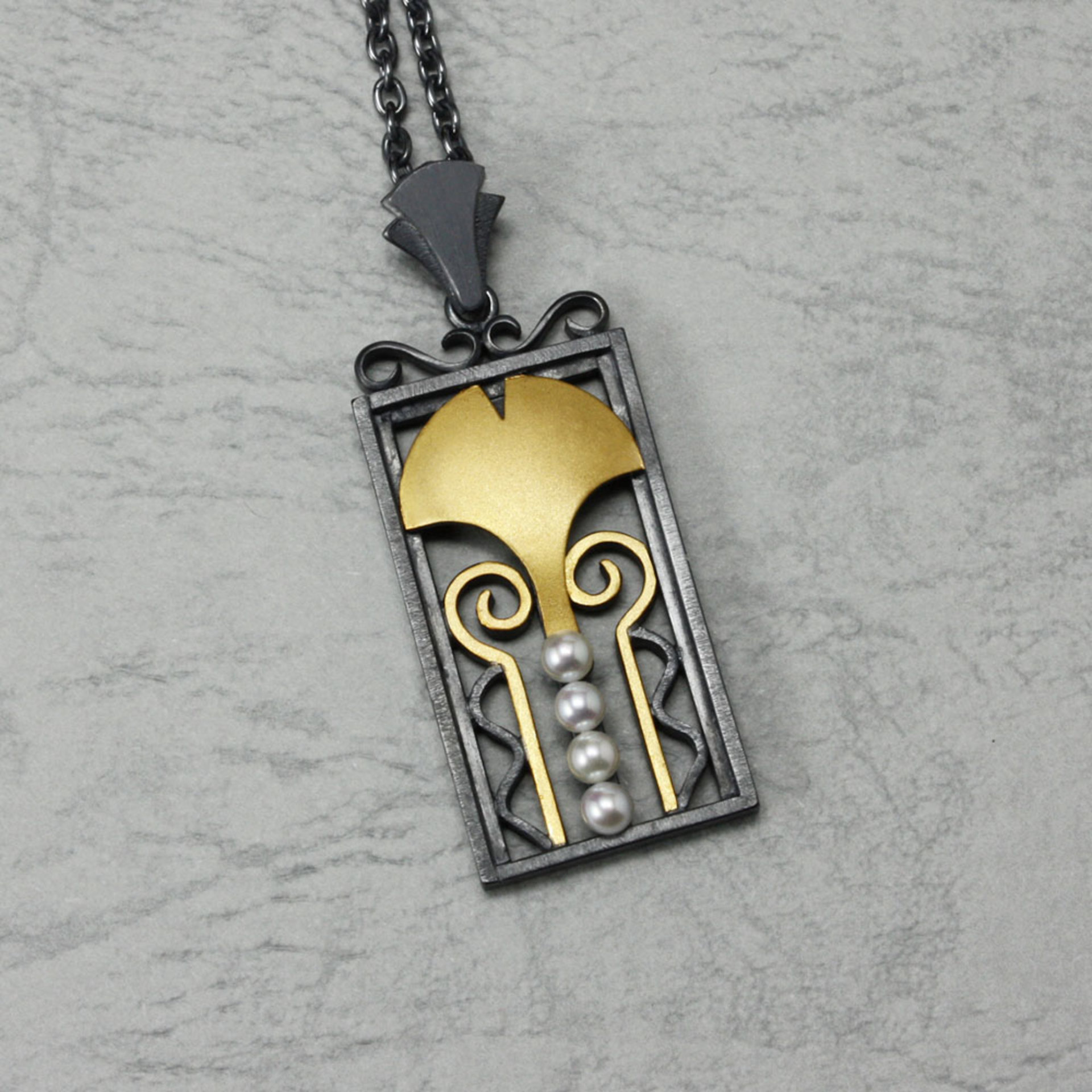 Art Deco style Keum Boo ginkgo necklace with akoya pearls