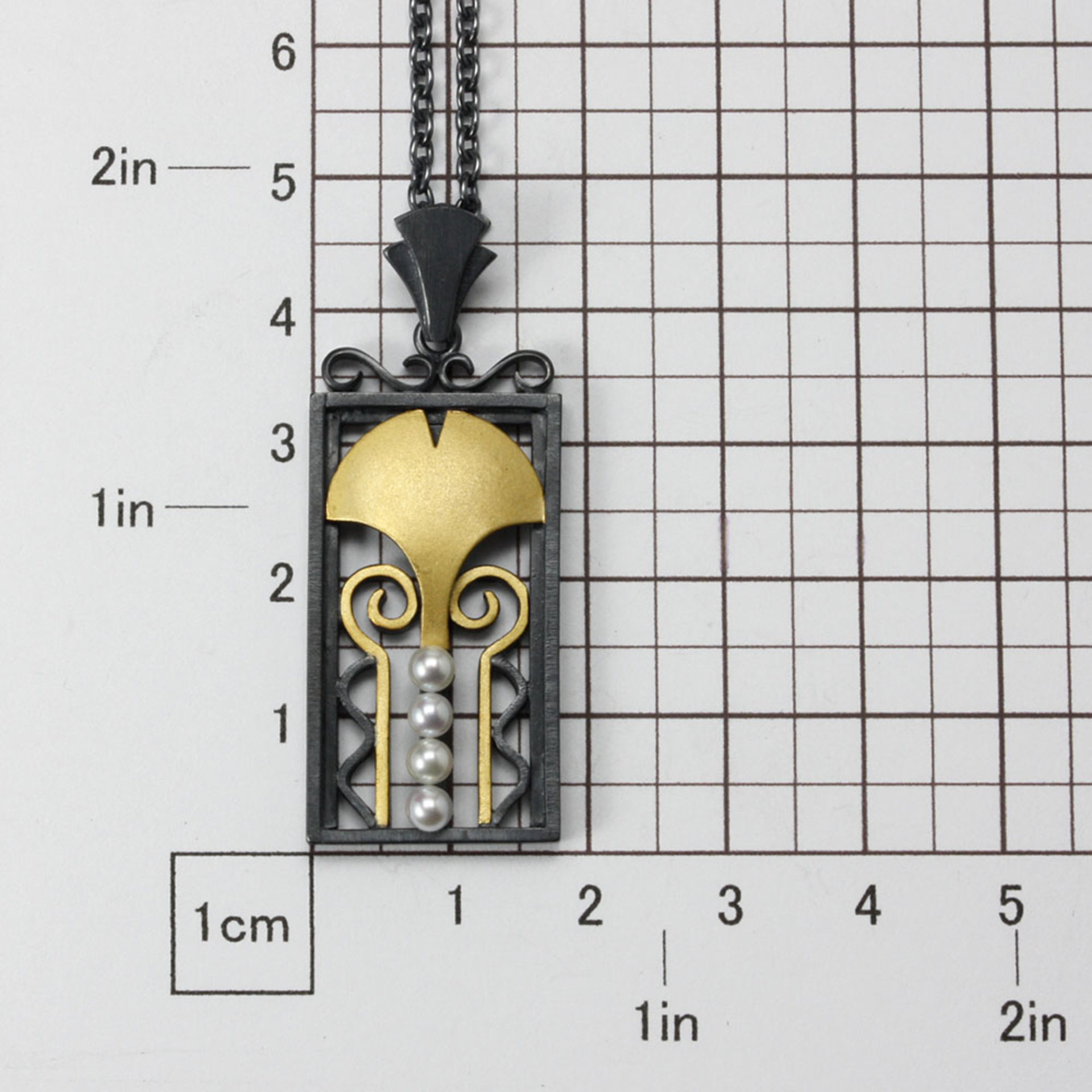 Art Deco style Keum Boo ginkgo necklace with akoya pearls