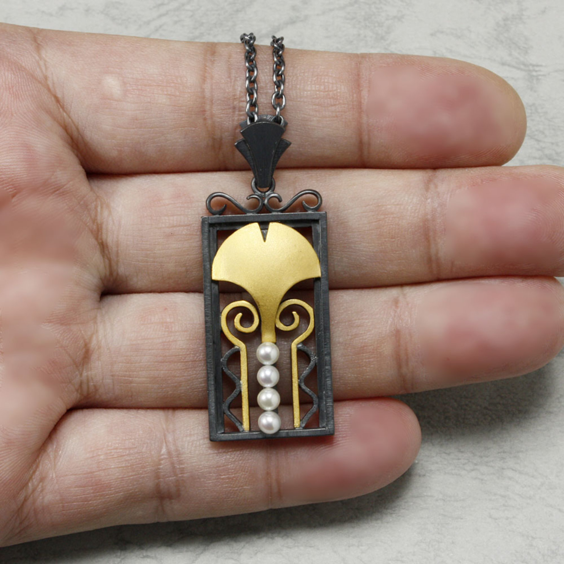 Art Deco style Keum Boo ginkgo necklace with akoya pearls