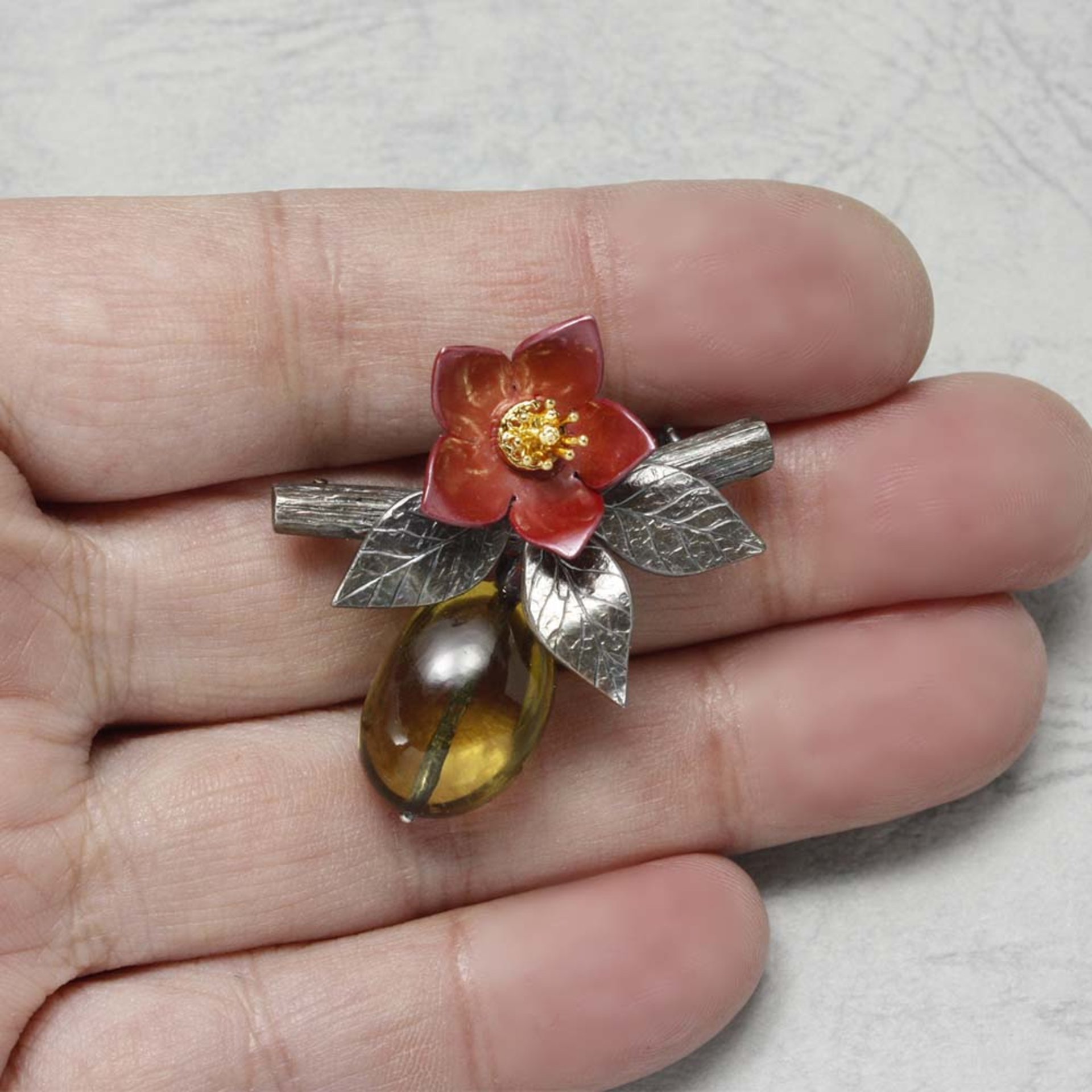 Chinese Quince flower and fruit brooch