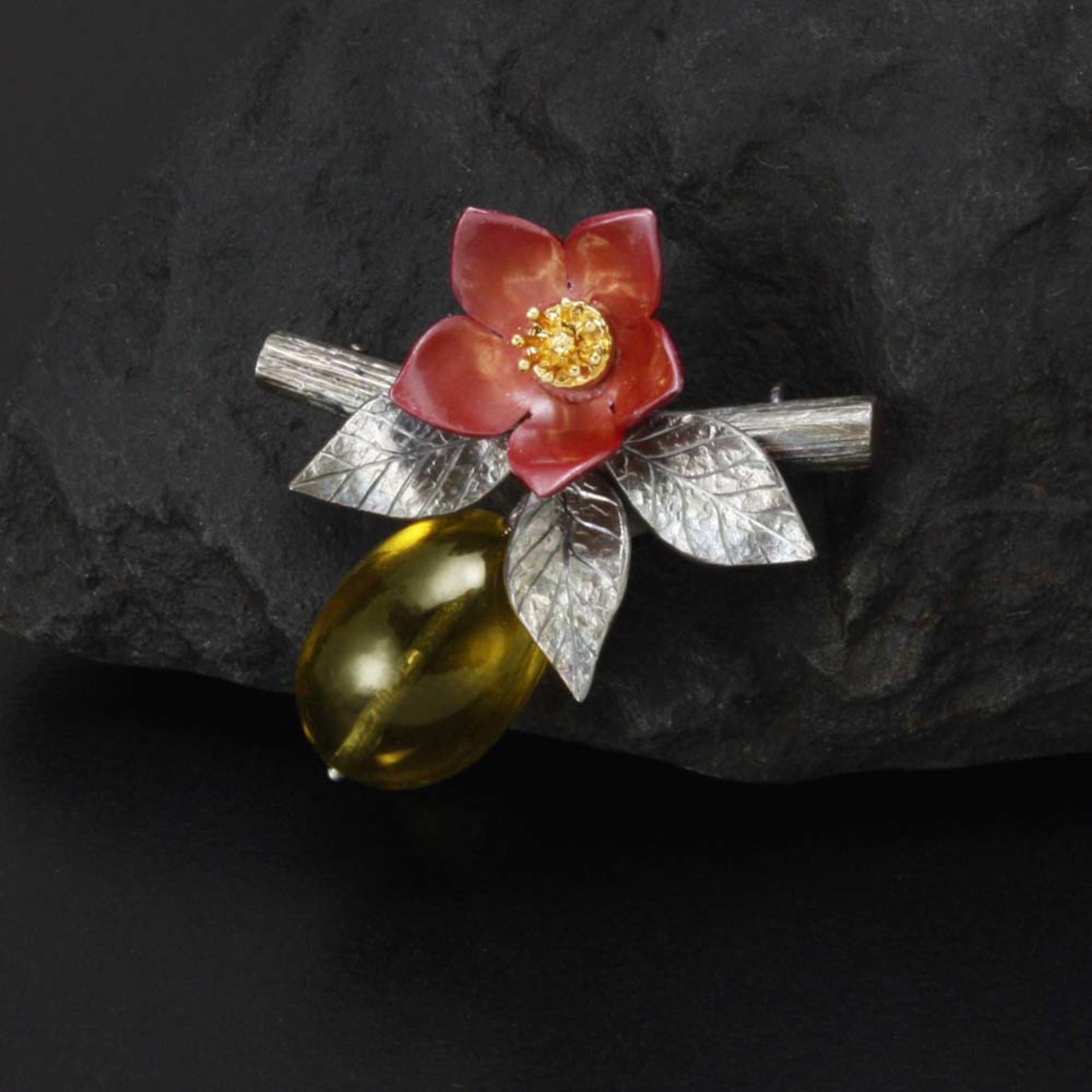 Chinese Quince flower and fruit brooch