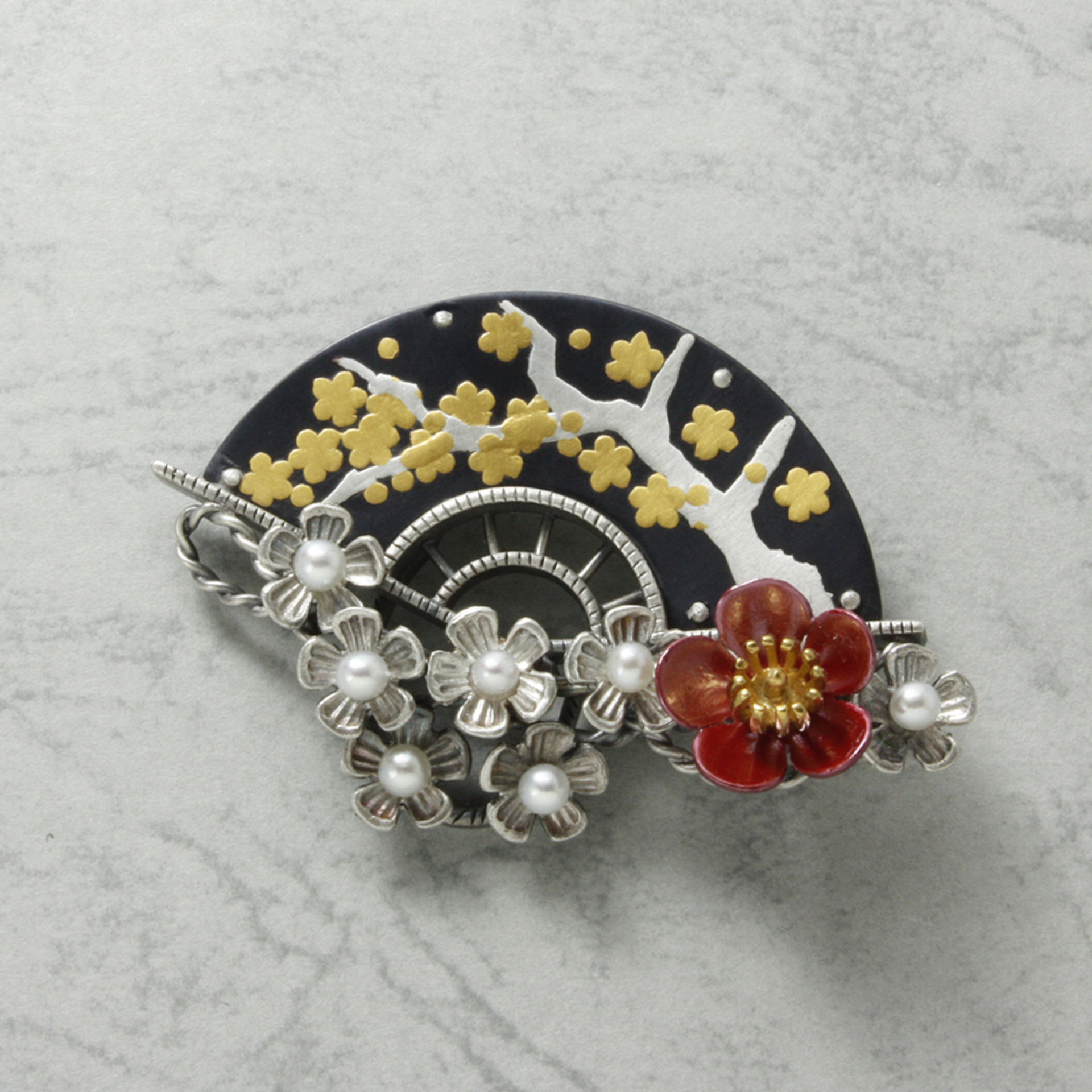 Shakudo and silver plum blossoms brooch of Keum Boo and Japanese patina