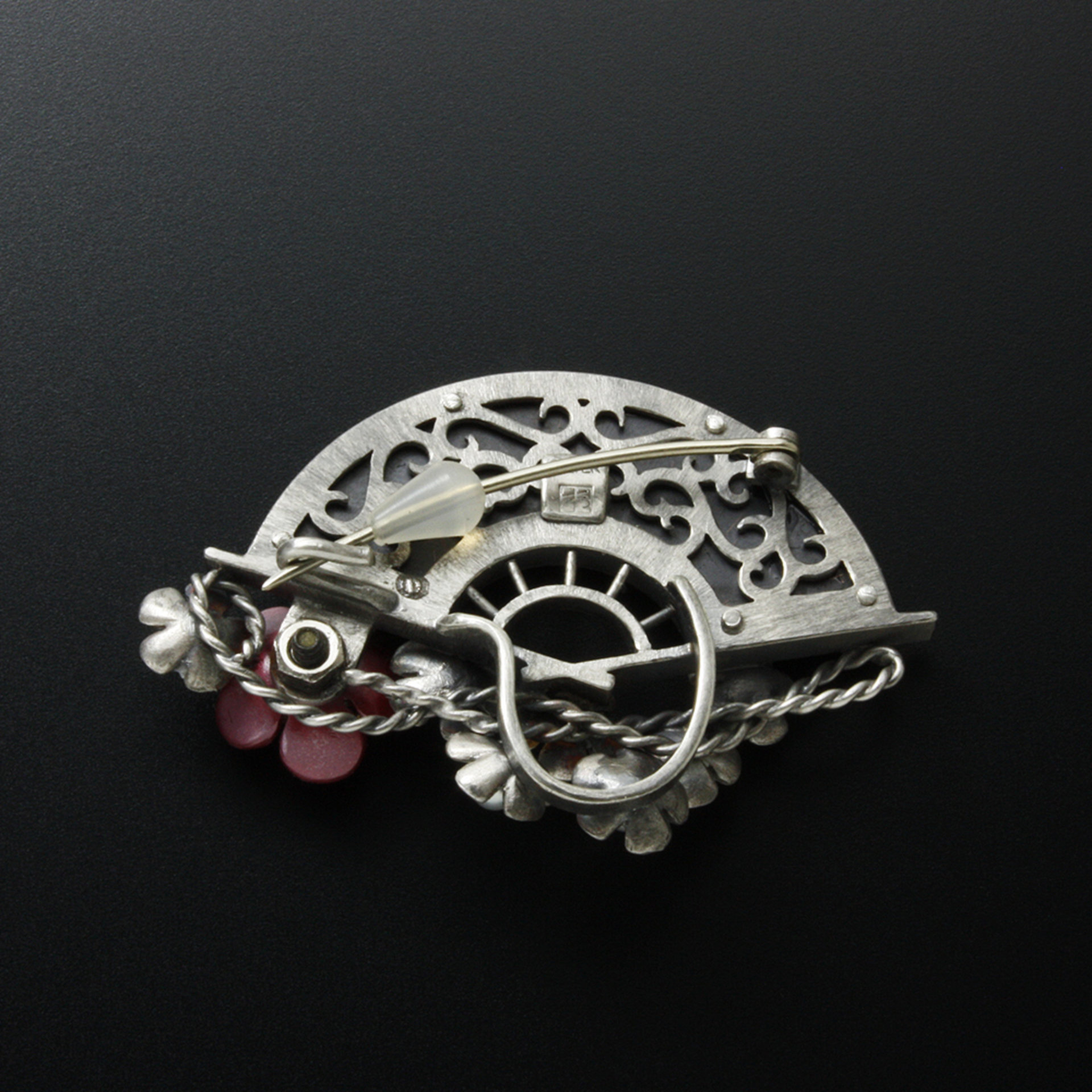 Shakudo and silver plum blossoms brooch of Keum Boo and Japanese patina