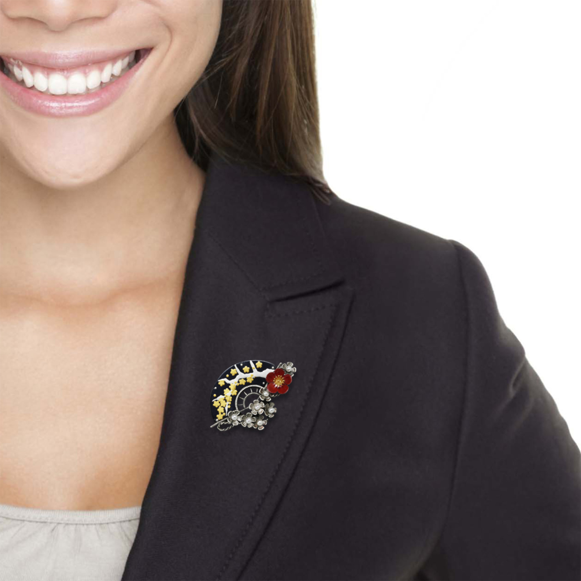 Shakudo and silver plum blossoms brooch of Keum Boo and Japanese patina