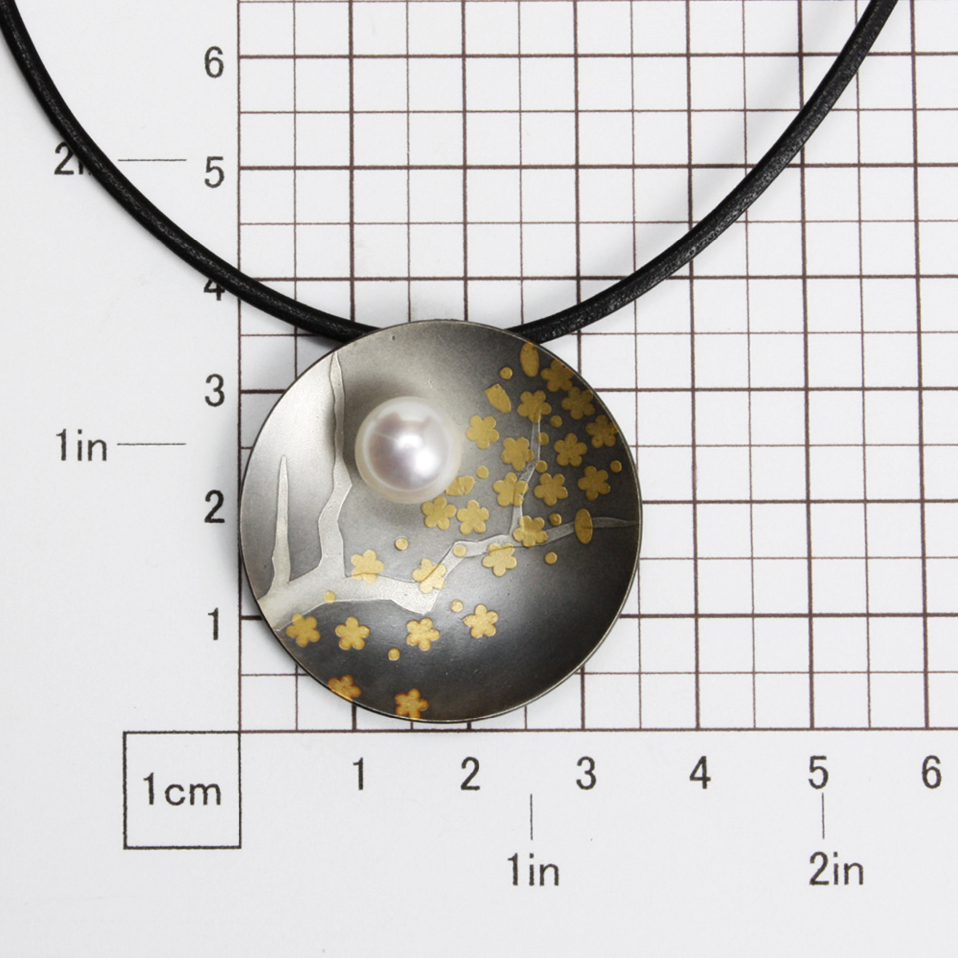 Round Keum Boo oxidized silver pendant necklace of falling plum blossoms with Ak