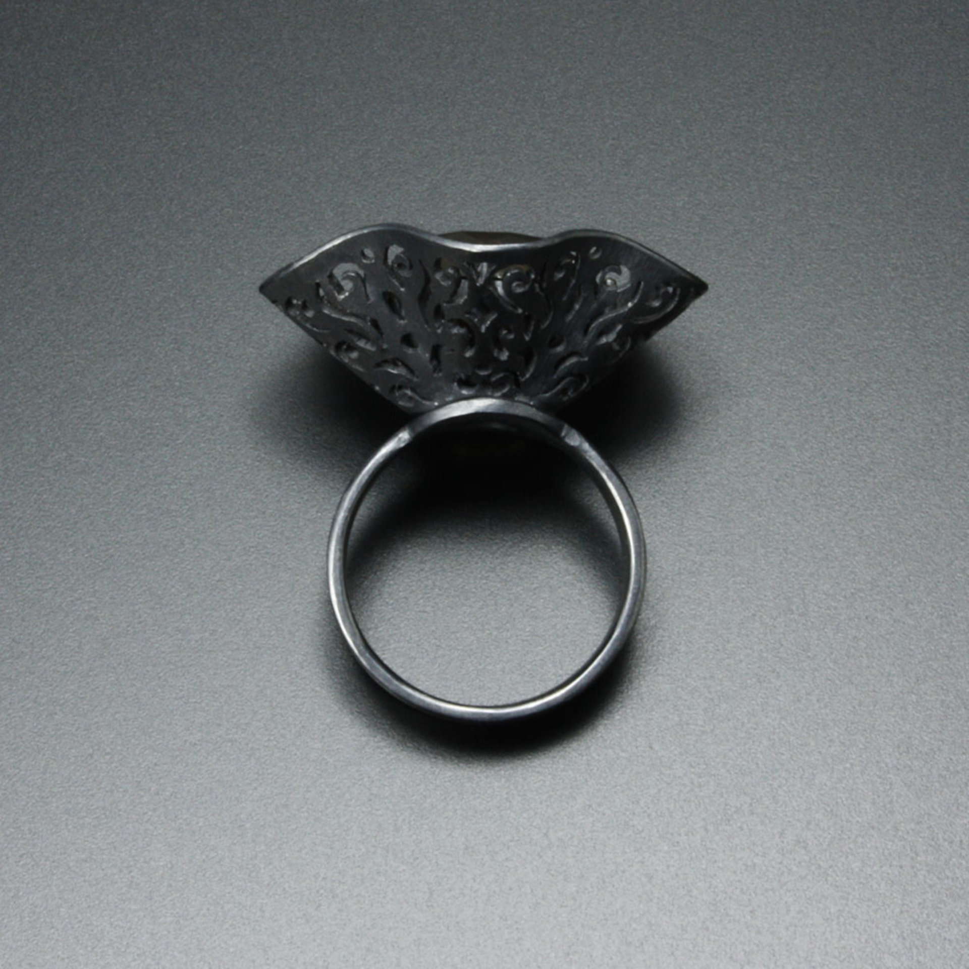 Lacy openwork smokey quartz oxidized silver Goth ring