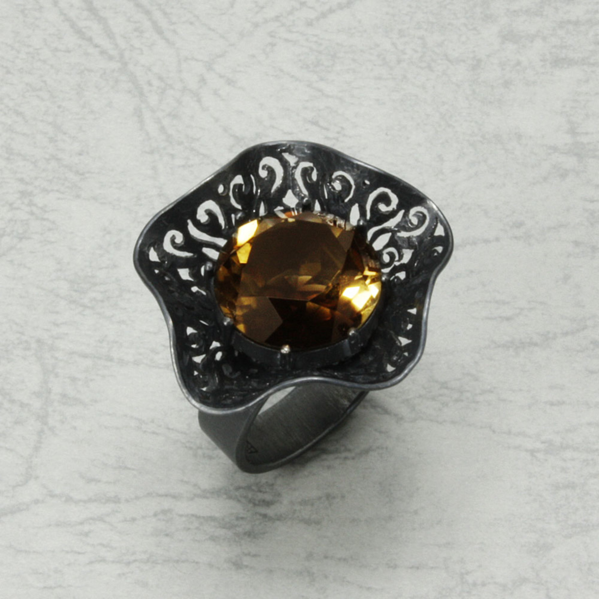 Lacy openwork smokey quartz oxidized silver Goth ring