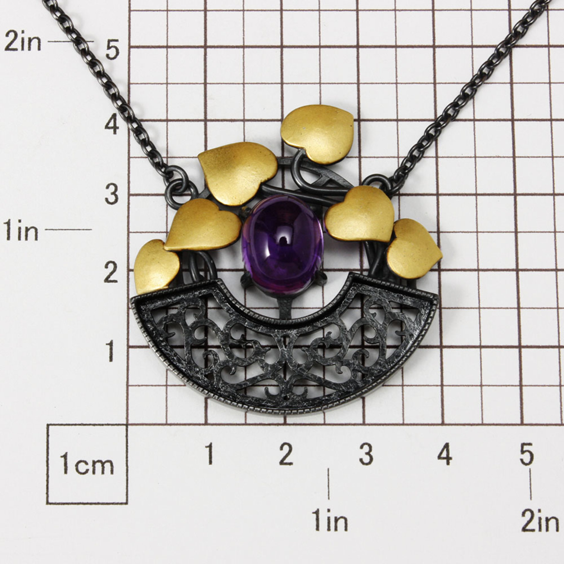 Keum Boo Gold leaves and amethyst cab necklace, arabesque openwork necklace