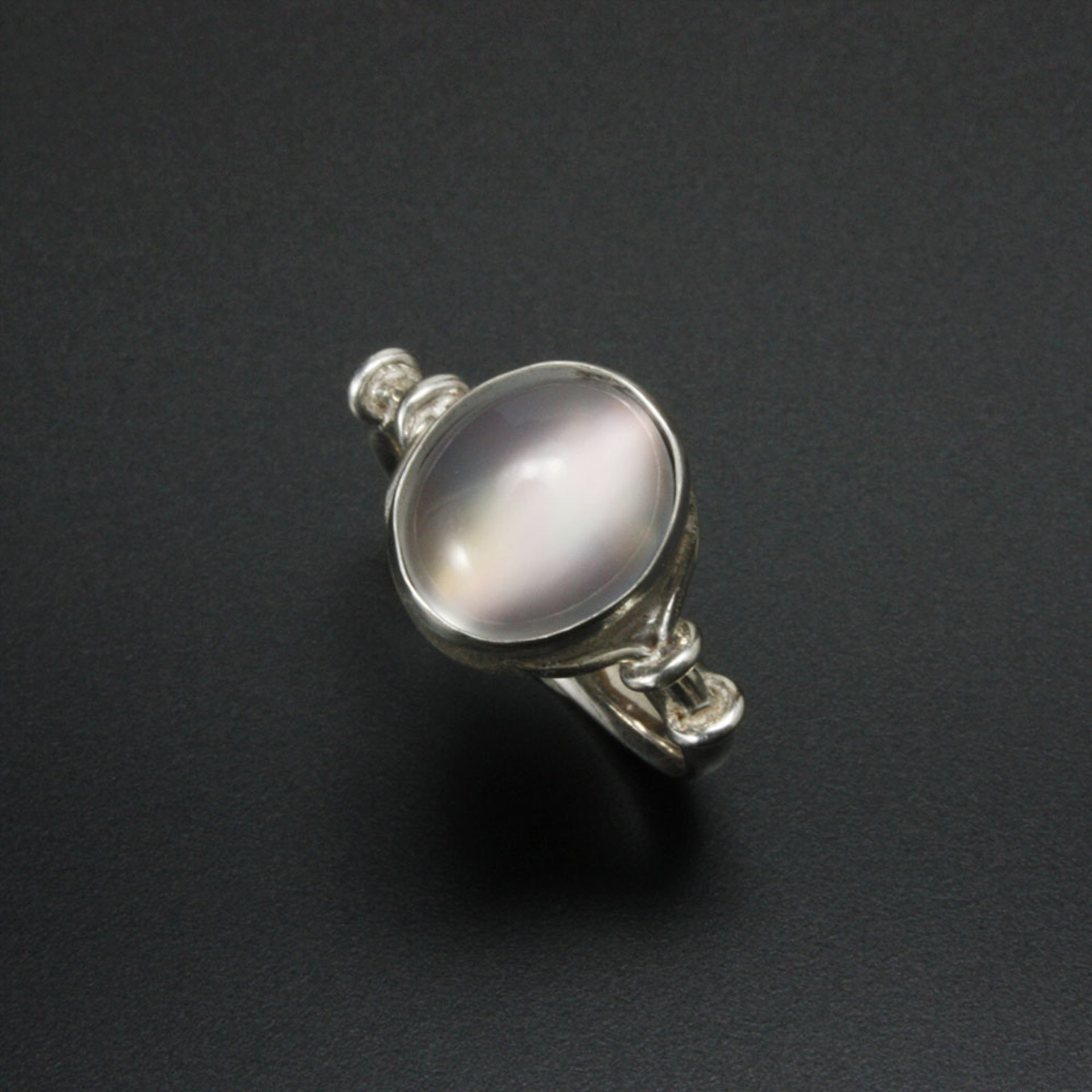 Oval rainbow color cats eye Moonstone silver ring.