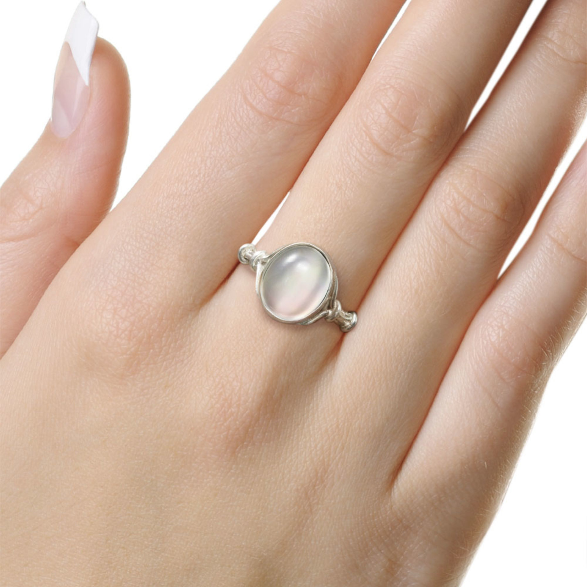 Oval rainbow color cats eye Moonstone silver ring.