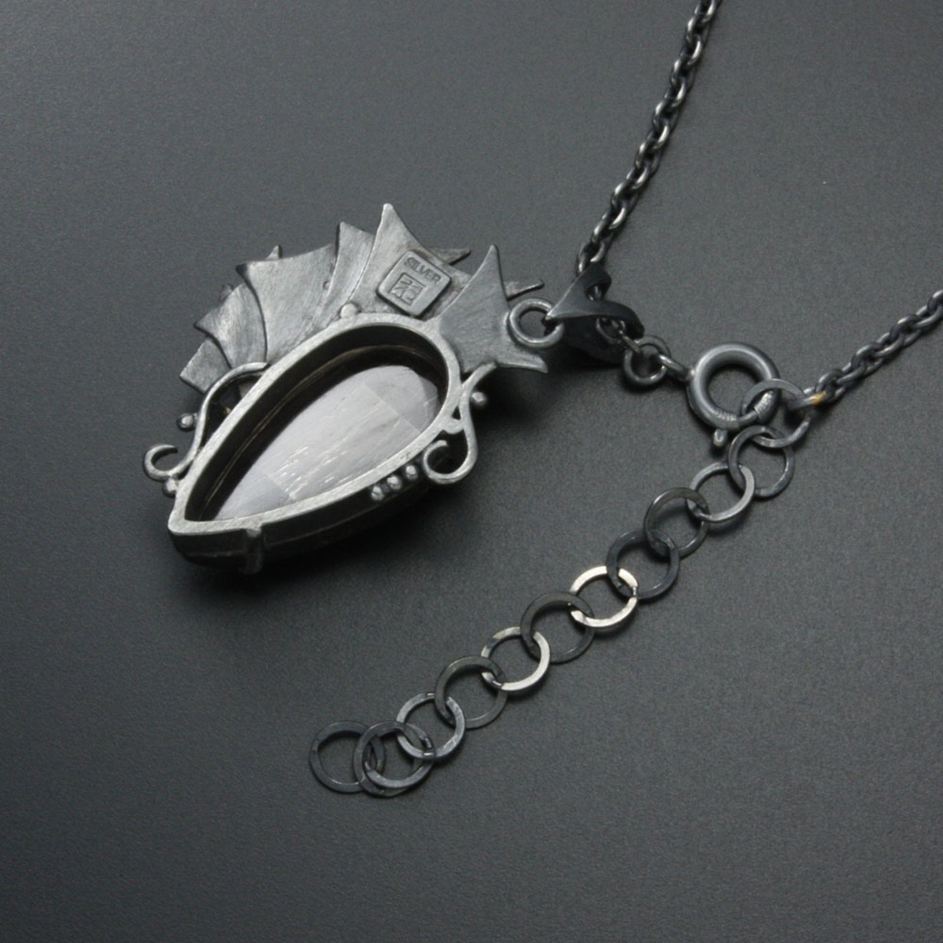 Hypersthene oxidized silver Goth pendant necklace, steampunk necklace