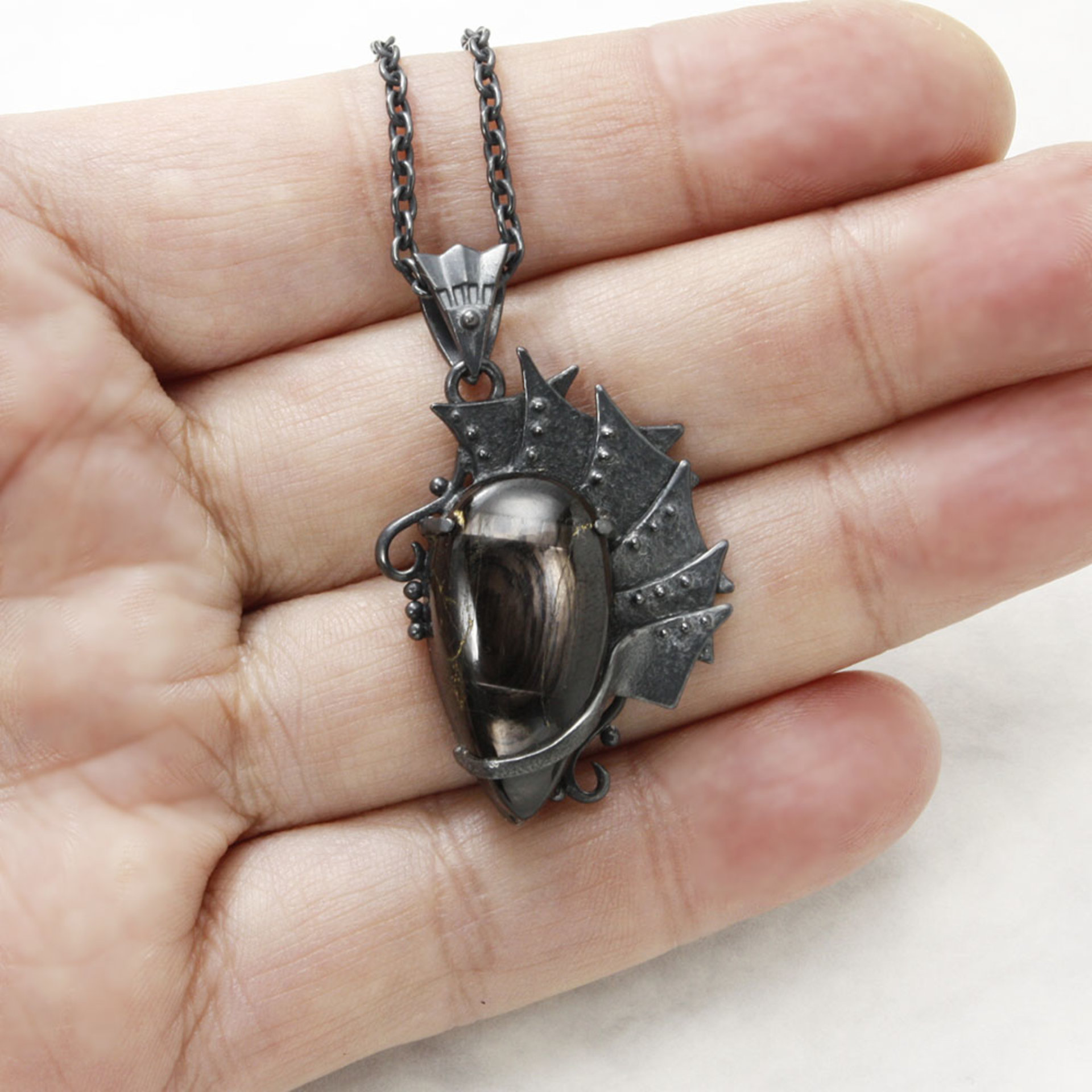 Hypersthene oxidized silver Goth pendant necklace, steampunk necklace