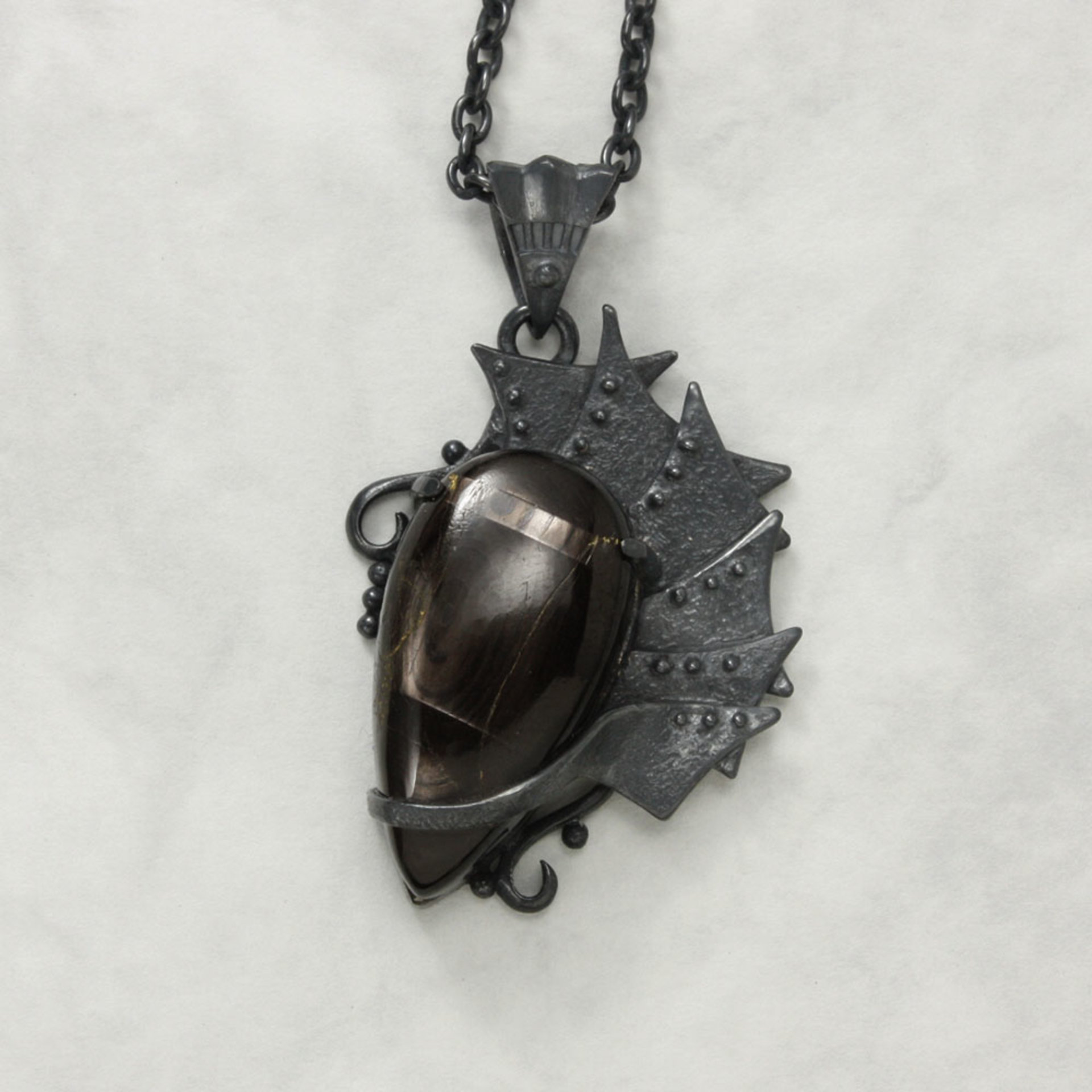 Hypersthene oxidized silver Goth pendant necklace, steampunk necklace